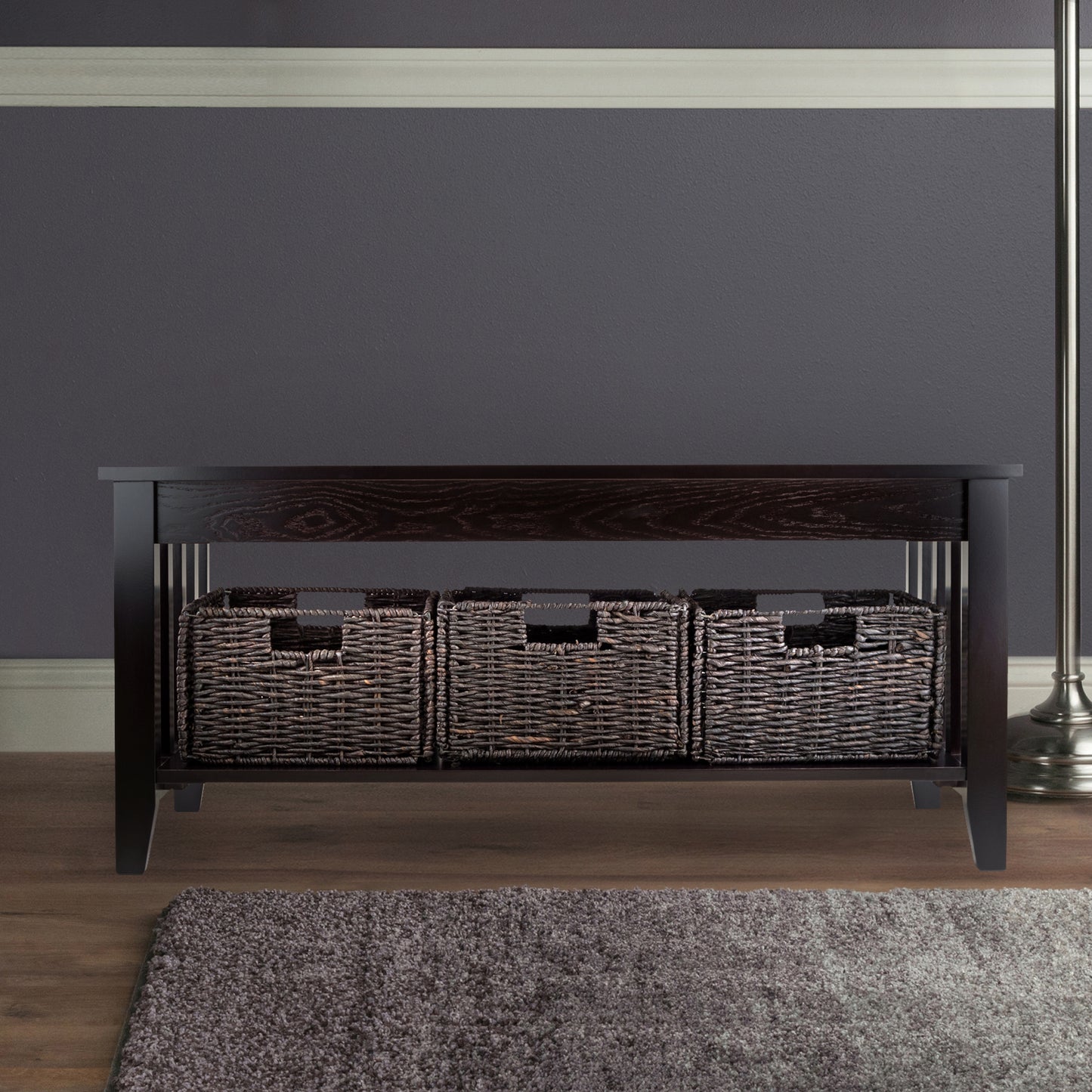 Morris Coffee Table with 3 Foldable Corn Husk Baskets, Espresso and Chocolate