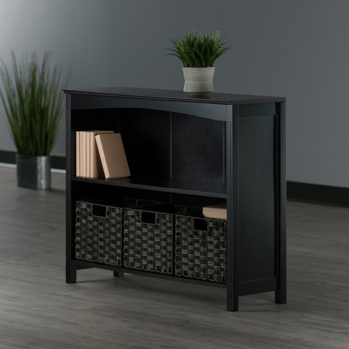 Terrace 4-Pc Storage Shelf with 3 Foldable Woven Baskets, Walnut and Chocolate A