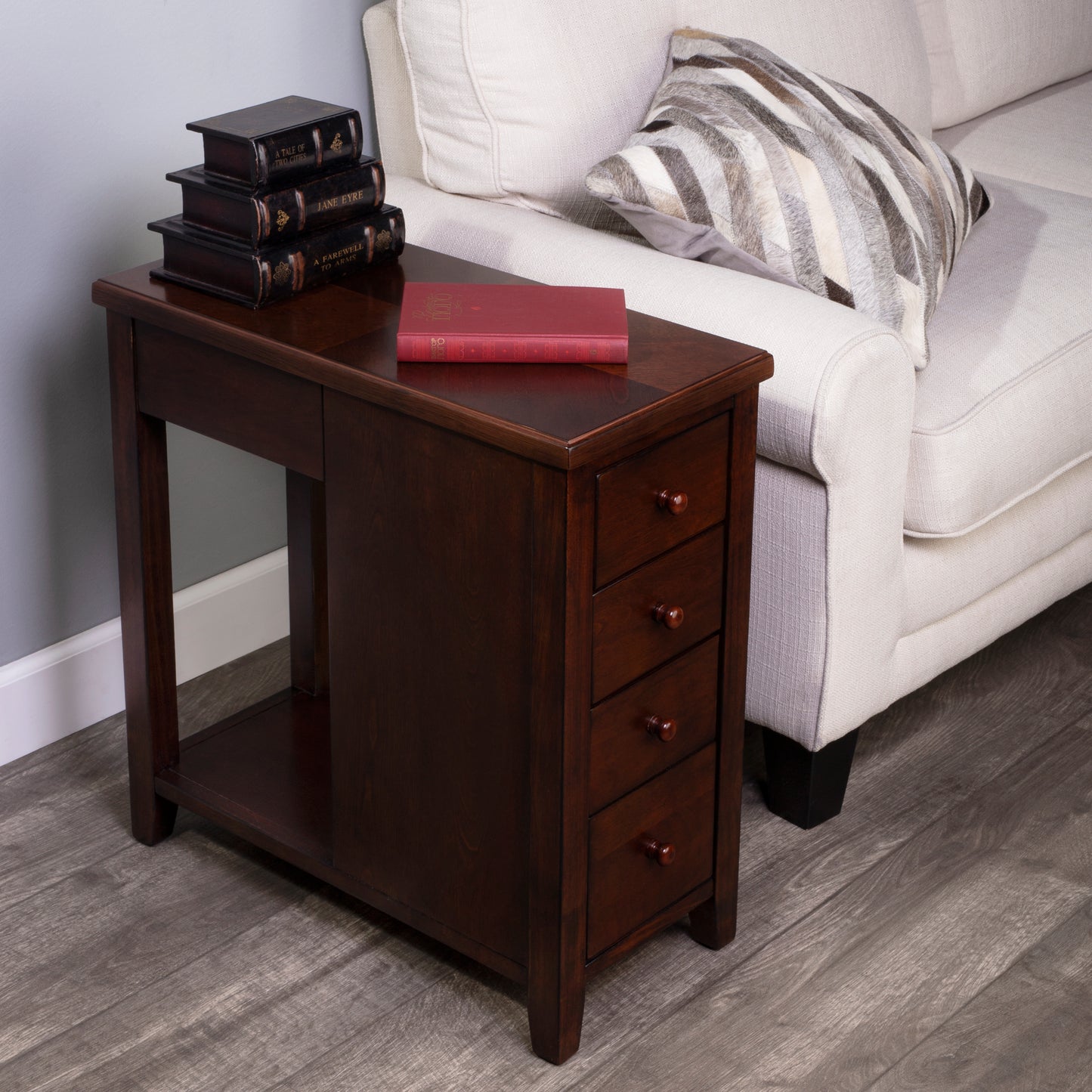 Butler Specialty Company Kelton 11.5 in. W Rectangular Wood 4 Drawer Side Table with Open Shelf, Dark Brown