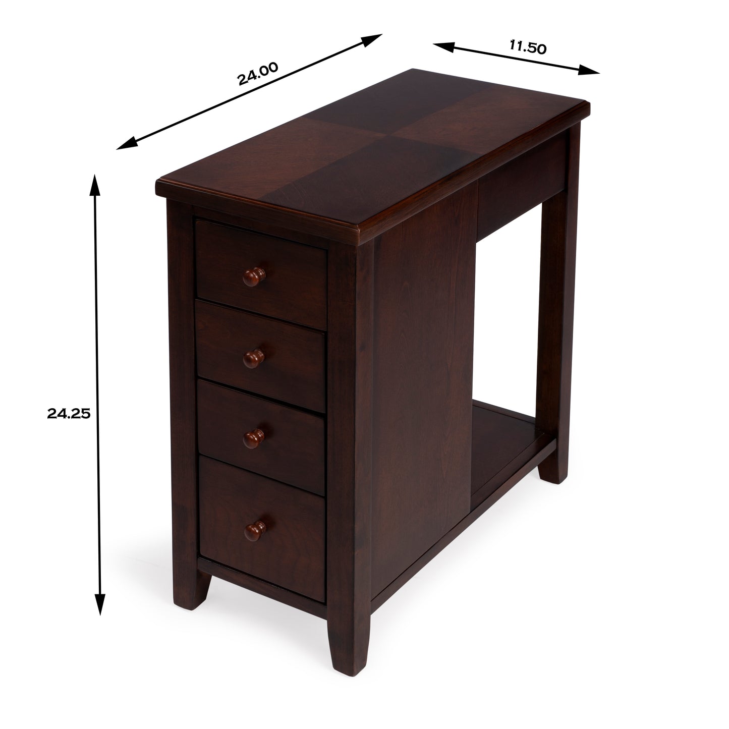 Butler Specialty Company Kelton 11.5 in. W Rectangular Wood 4 Drawer Side Table with Open Shelf, Dark Brown