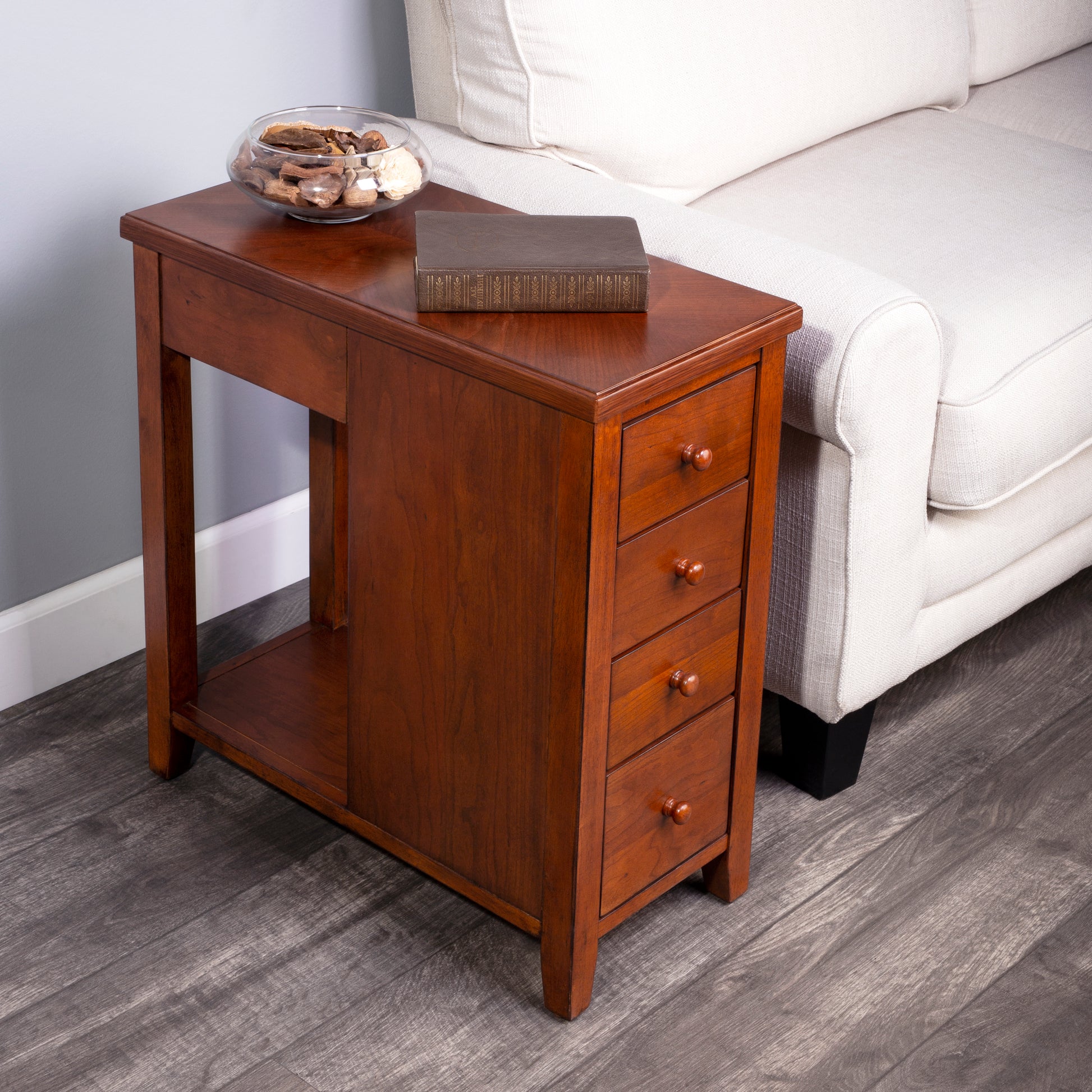 Butler Specialty Company Kelton 11.5 in. W Rectangular Wood 4 Drawer Side Table with Open Shelf, Medium Brown
