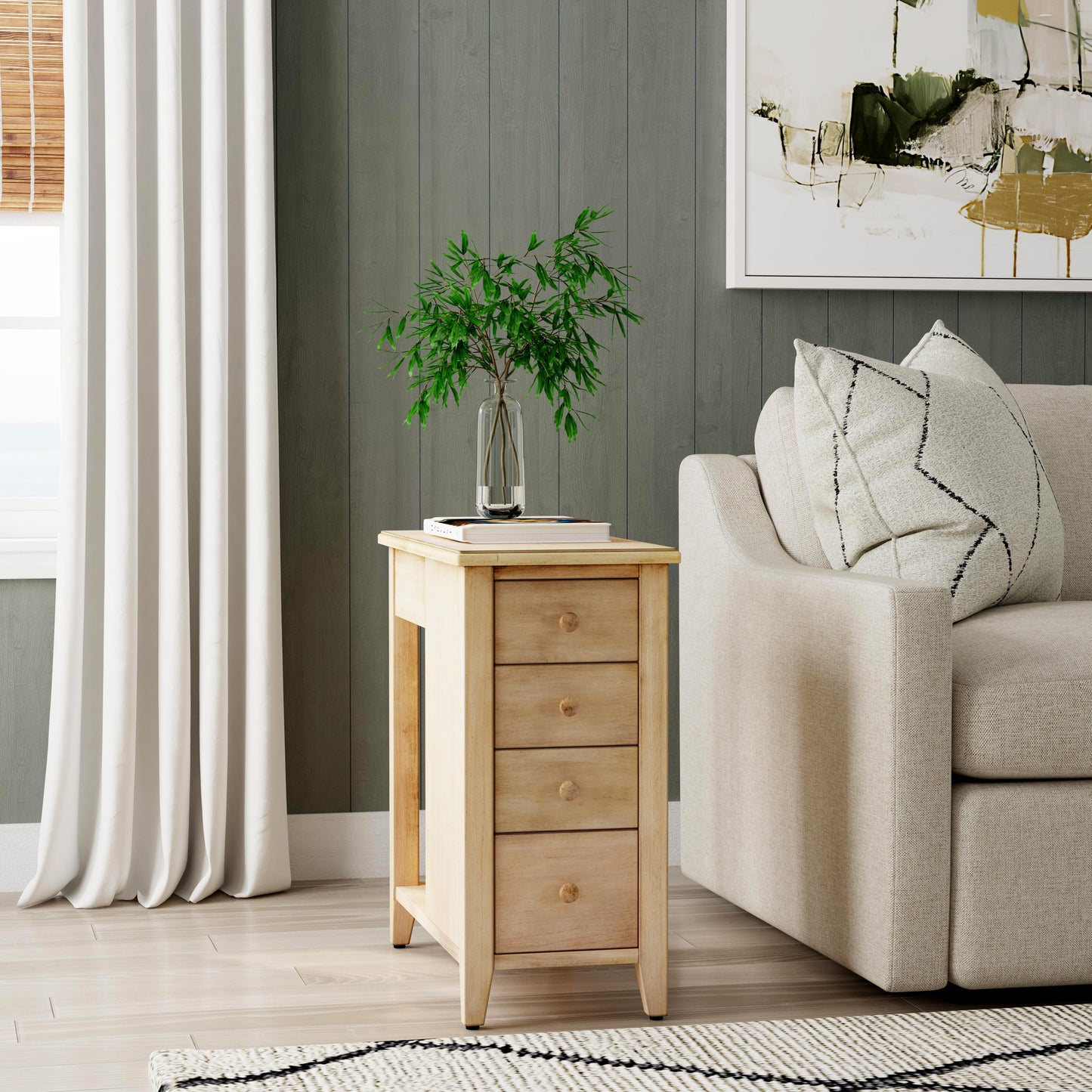 Butler Specialty Company Kelton 11.5 in. W Rectangular Wood 4 Drawer Side Table with Open Shelf, Beige