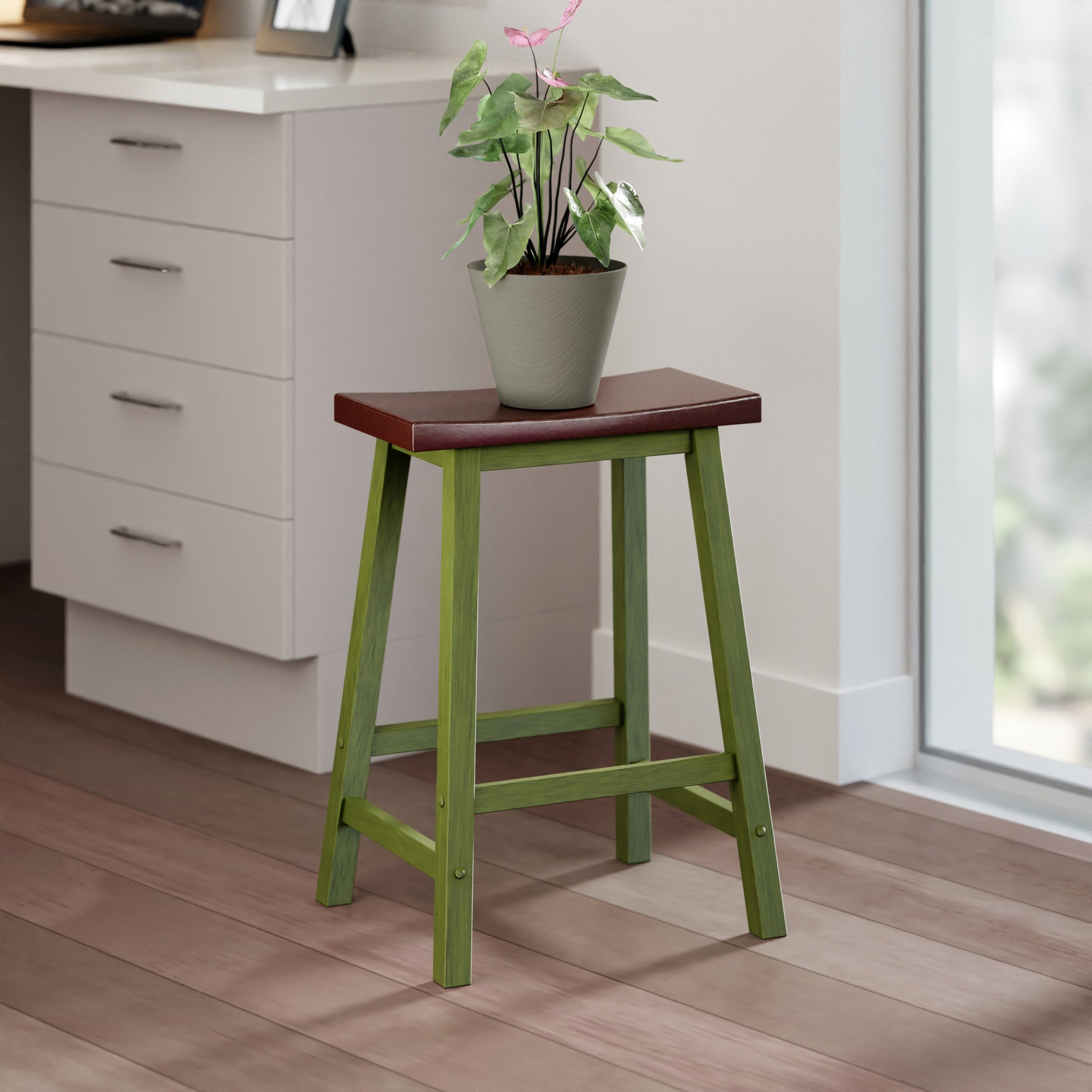 Satori Saddle Seat Counter Stool, Rustic Green and Walnut