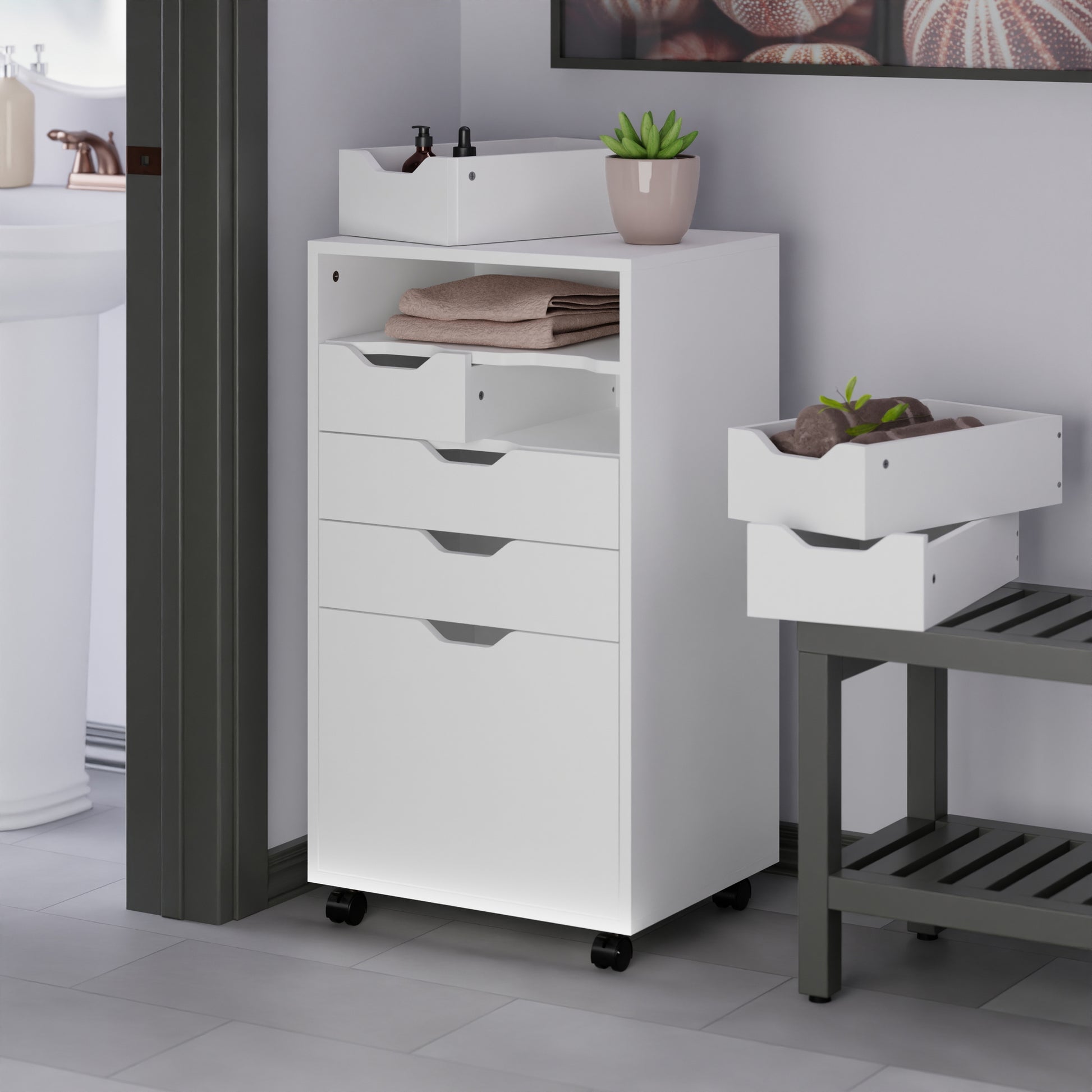 Halifax Bins & Drawers Multi-Storage Tall Mobile Cabinet, White