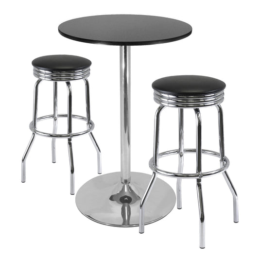 Summit 3-Pc Pub Table with Swivel Seat Bar Stools, Black and Chrome
