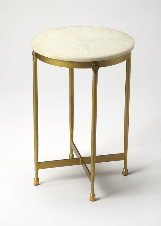 Butler Specialty Company Claypool 13.5 in. W Round Marble and Metal Side Table, Gold, White