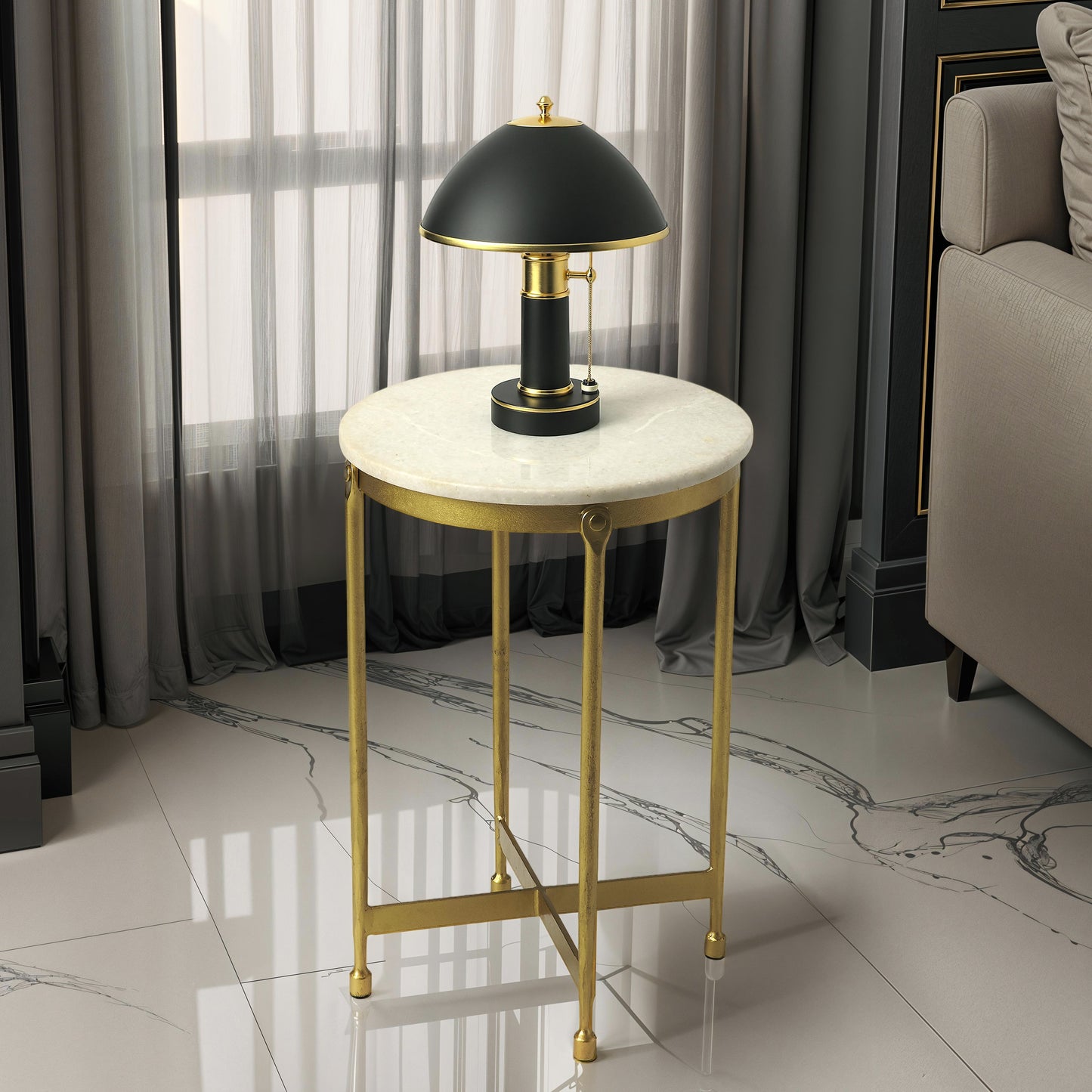 Butler Specialty Company Claypool 13.5 in. W Round Marble and Metal Side Table, Gold, White