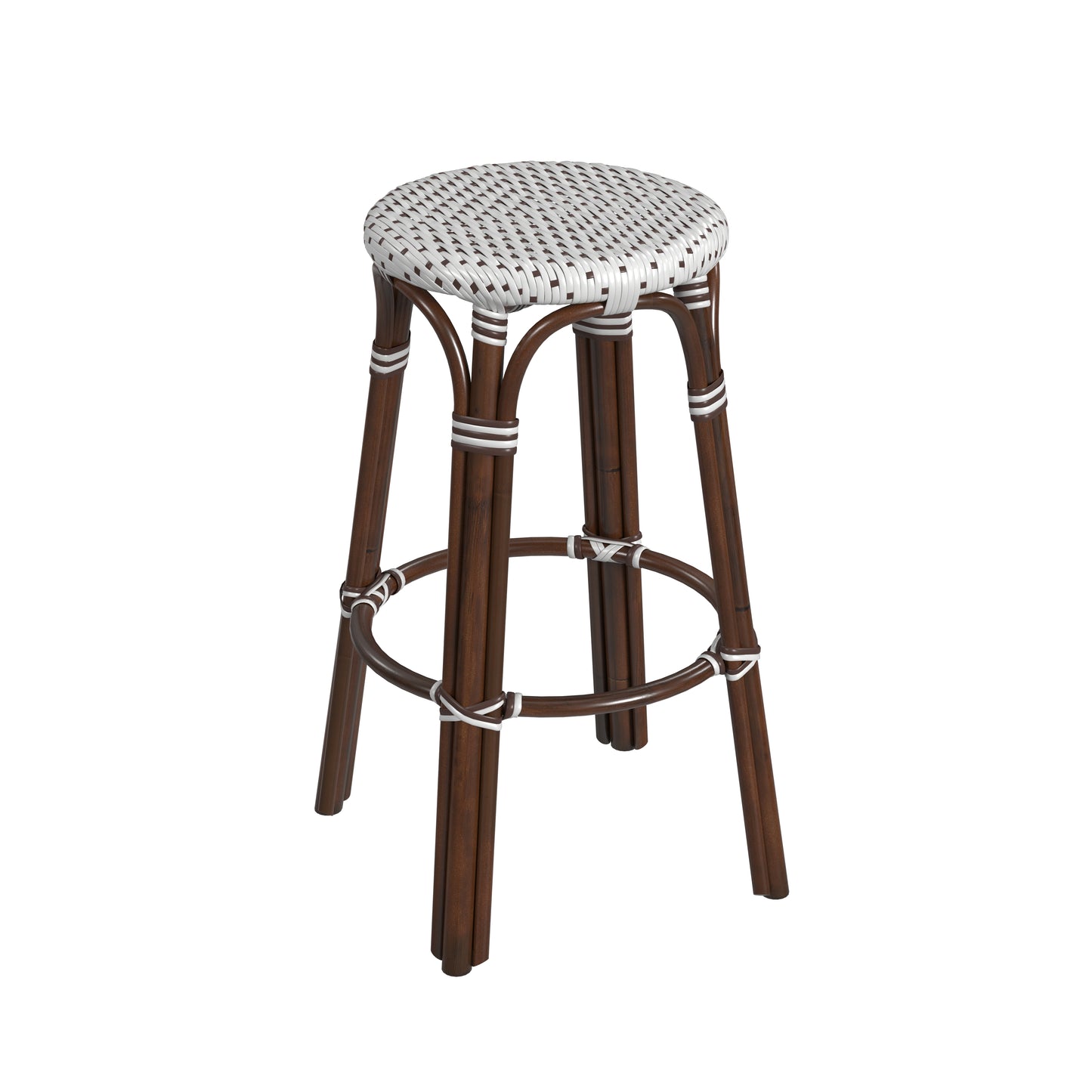 Tobias Round Rattan 30" Bar Stool in White and Brown Dot 9370117