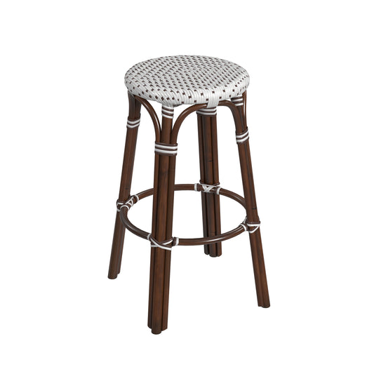 Tobias Round Rattan 30" Bar Stool in White and Brown Dot 9370117