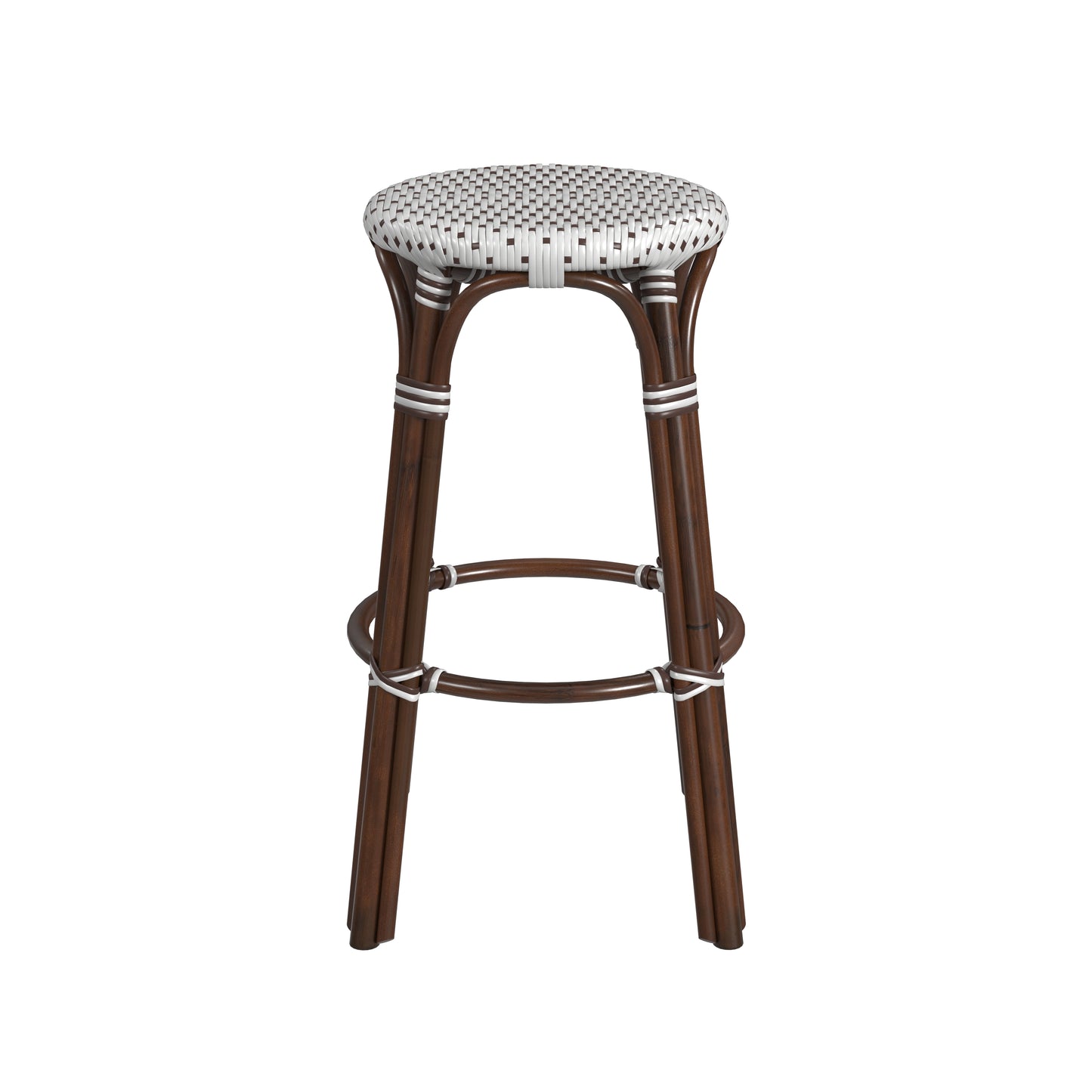 Tobias Round Rattan 30" Bar Stool in White and Brown Dot 9370117