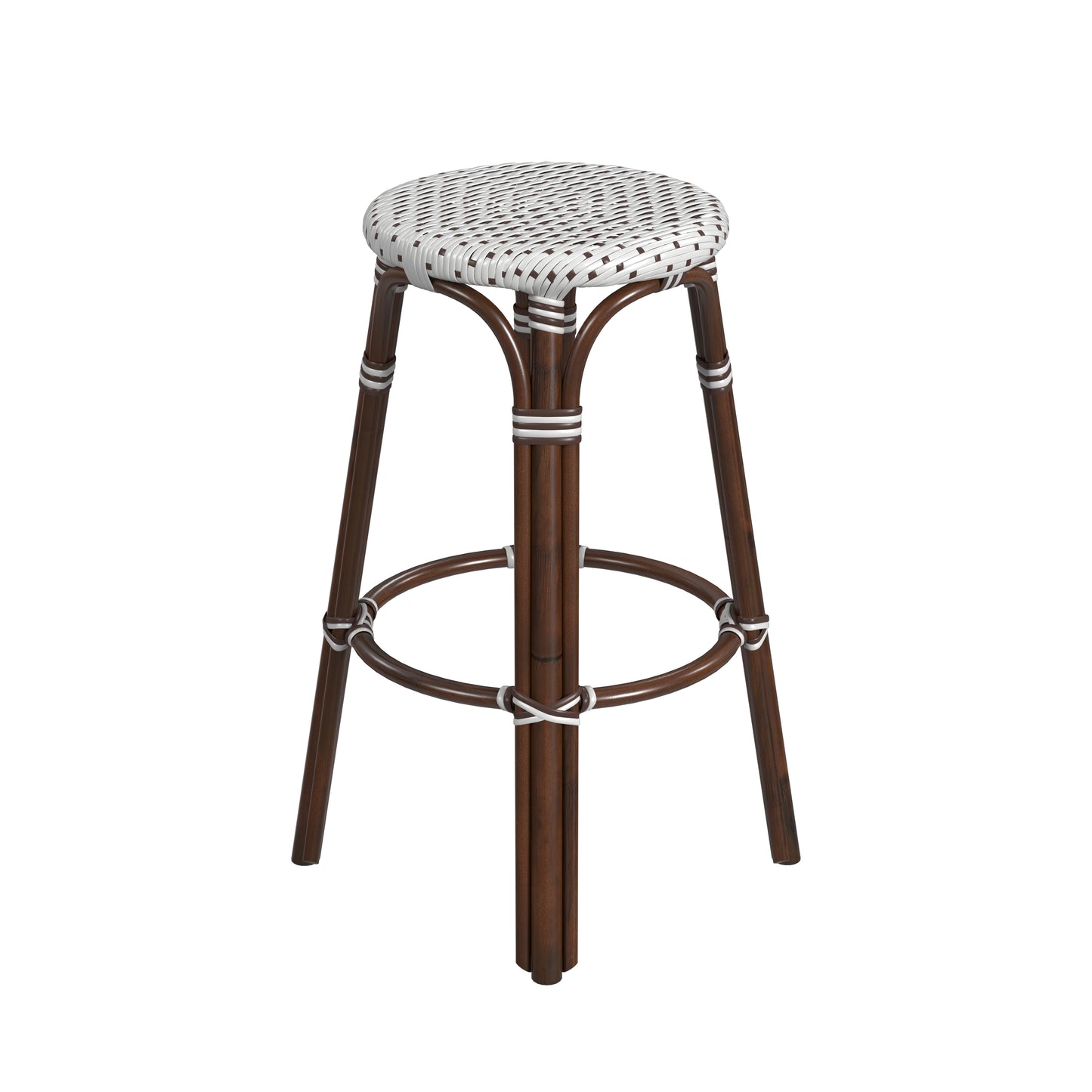 Tobias Round Rattan 30" Bar Stool in White and Brown Dot 9370117
