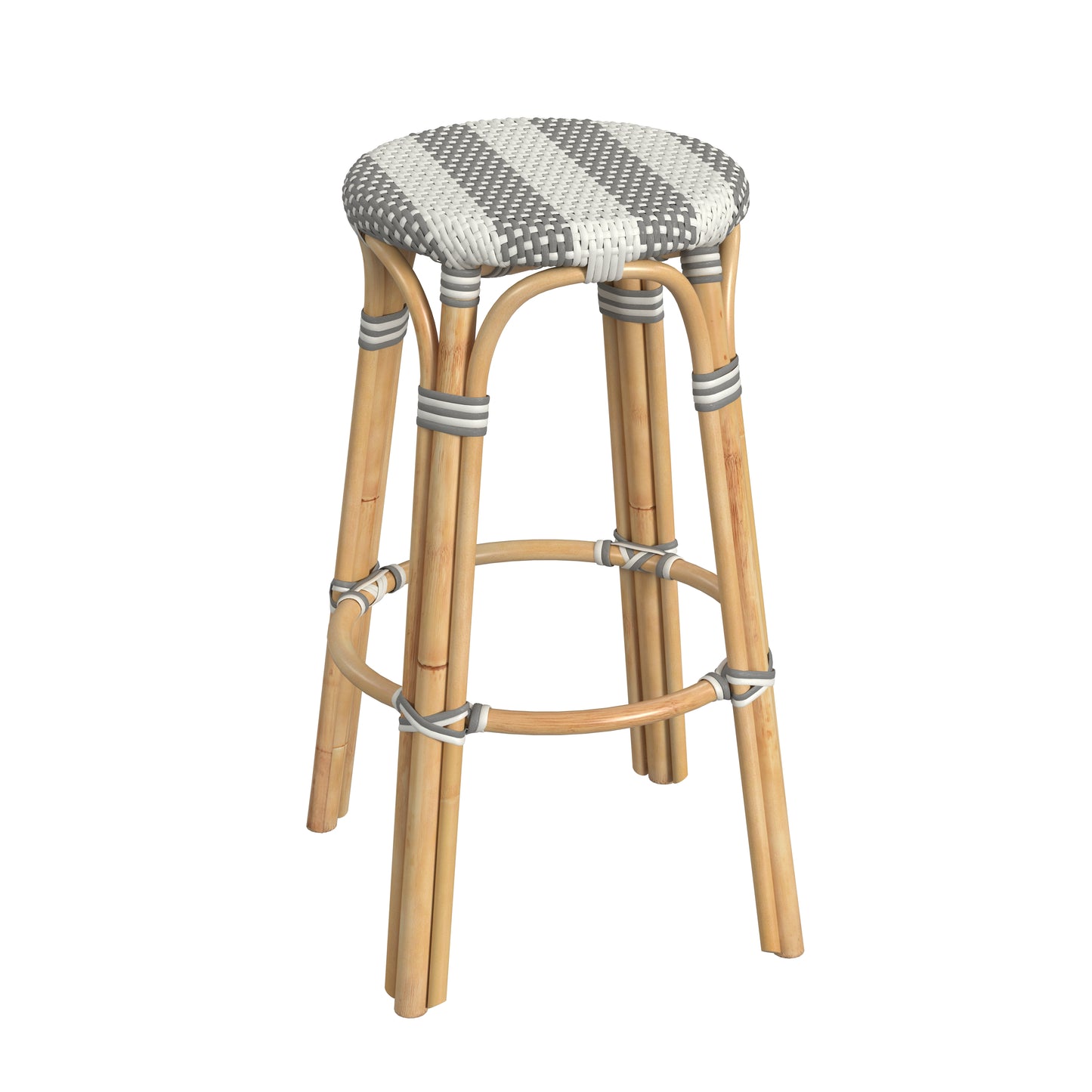 Tobias Round Rattan 30" Bar Stool in Gray and White Stripe 9370144