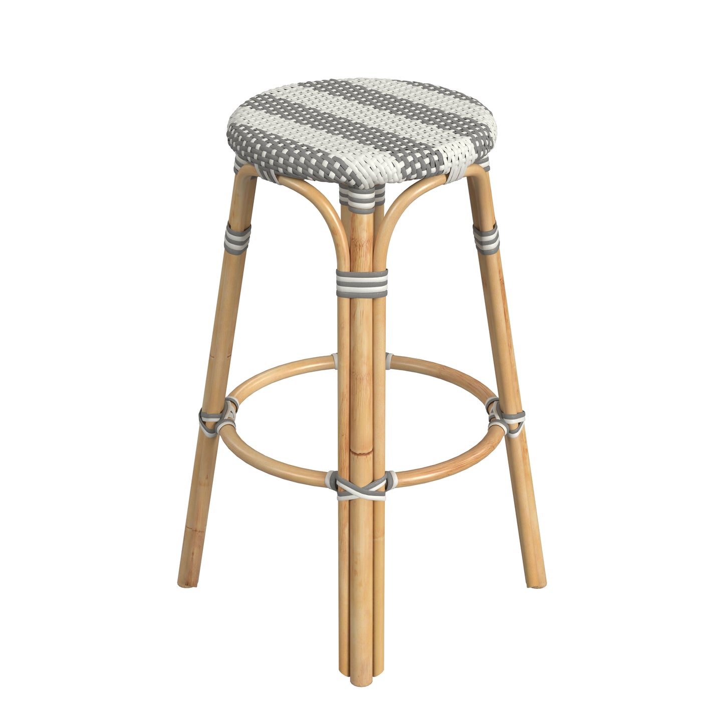 Tobias Round Rattan 30" Bar Stool in Gray and White Stripe 9370144