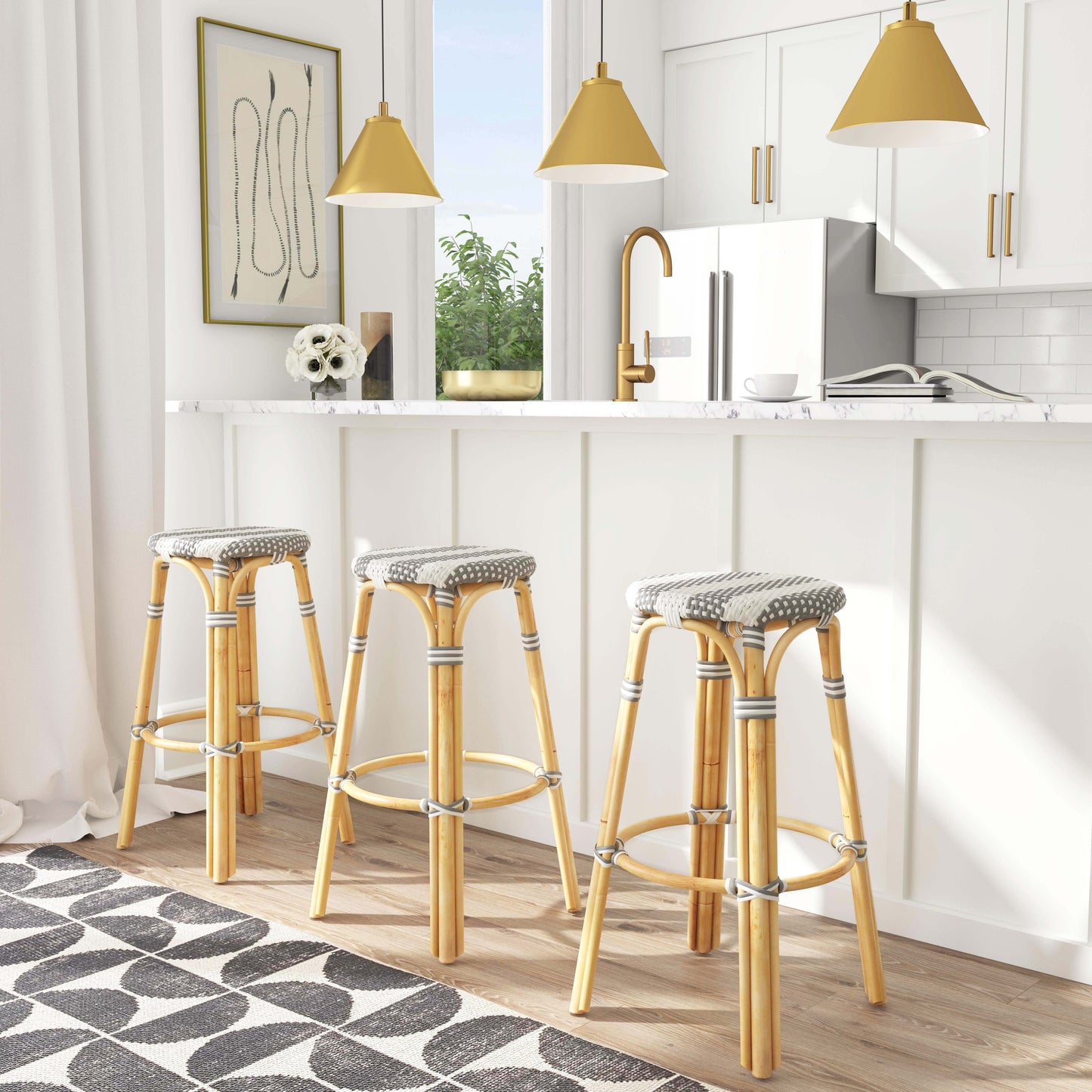 Tobias Round Rattan 30" Bar Stool in Gray and White Stripe 9370144
