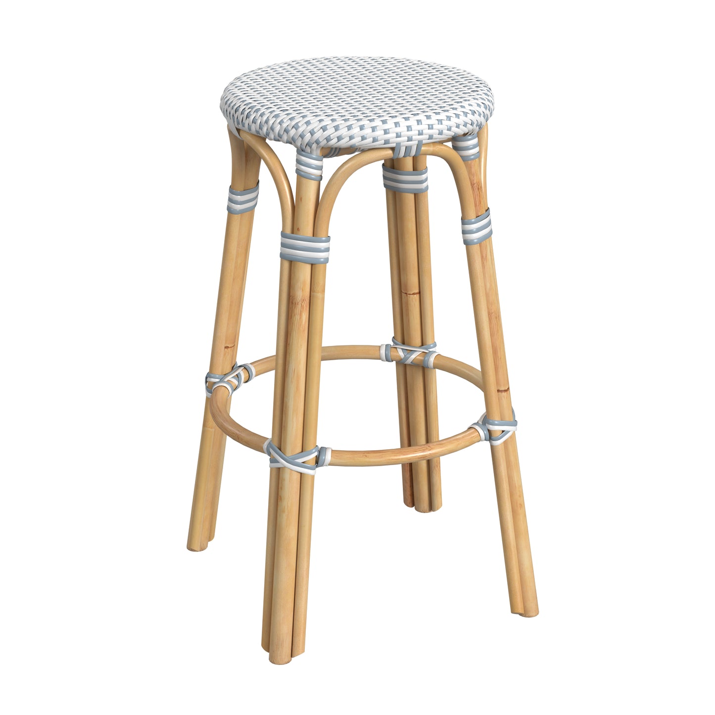Tobias Round Rattan 30" Bar Stool in White and Sky Blue Dot 9370194