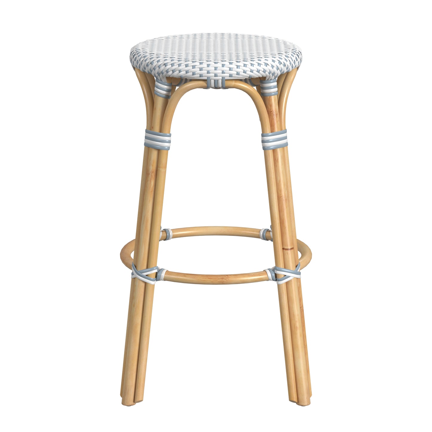 Tobias Round Rattan 30" Bar Stool in White and Sky Blue Dot 9370194