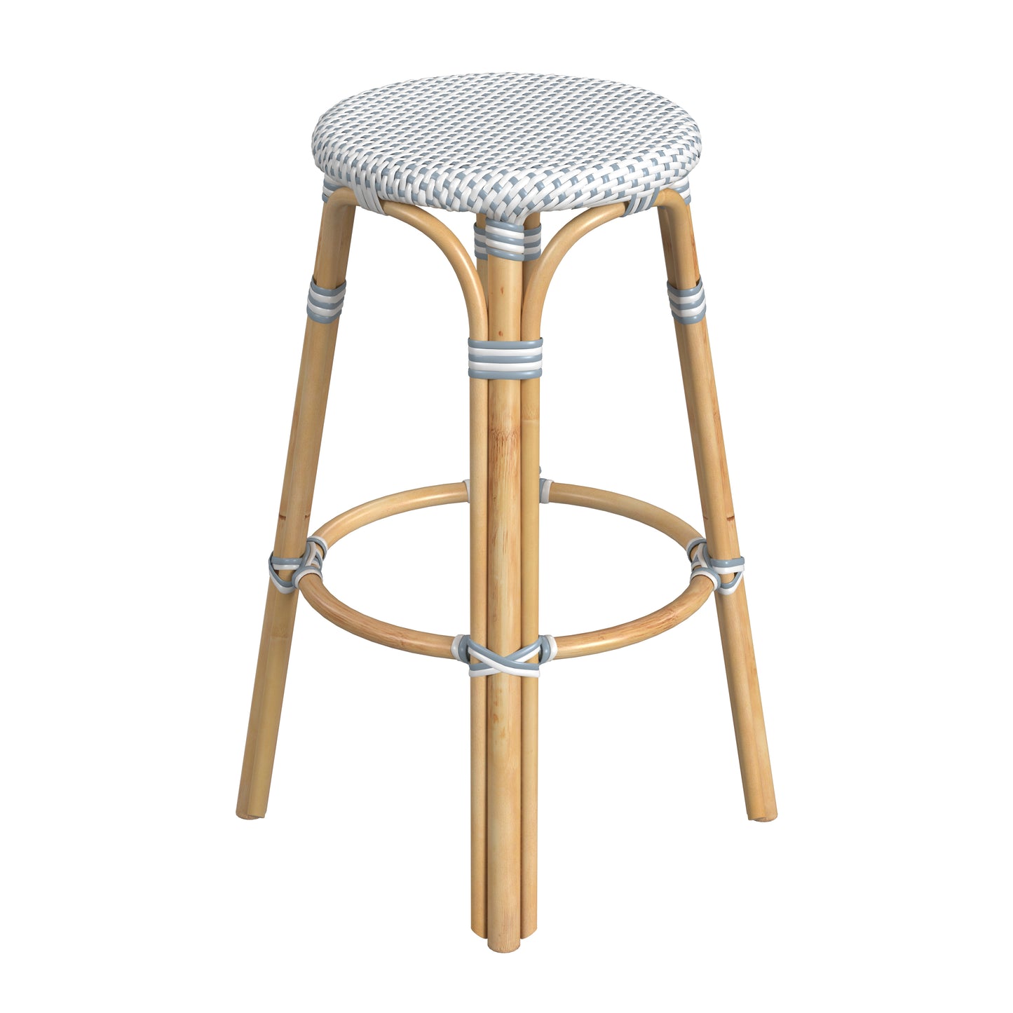 Tobias Round Rattan 30" Bar Stool in White and Sky Blue Dot 9370194
