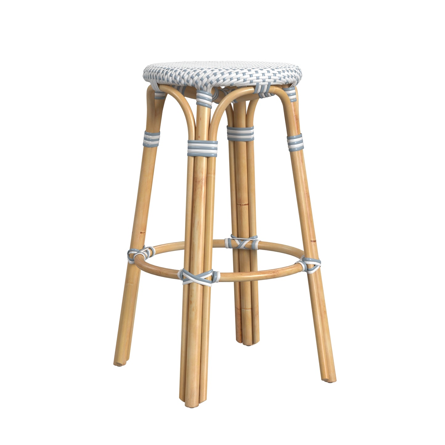 Tobias Round Rattan 30" Bar Stool in White and Sky Blue Dot 9370194