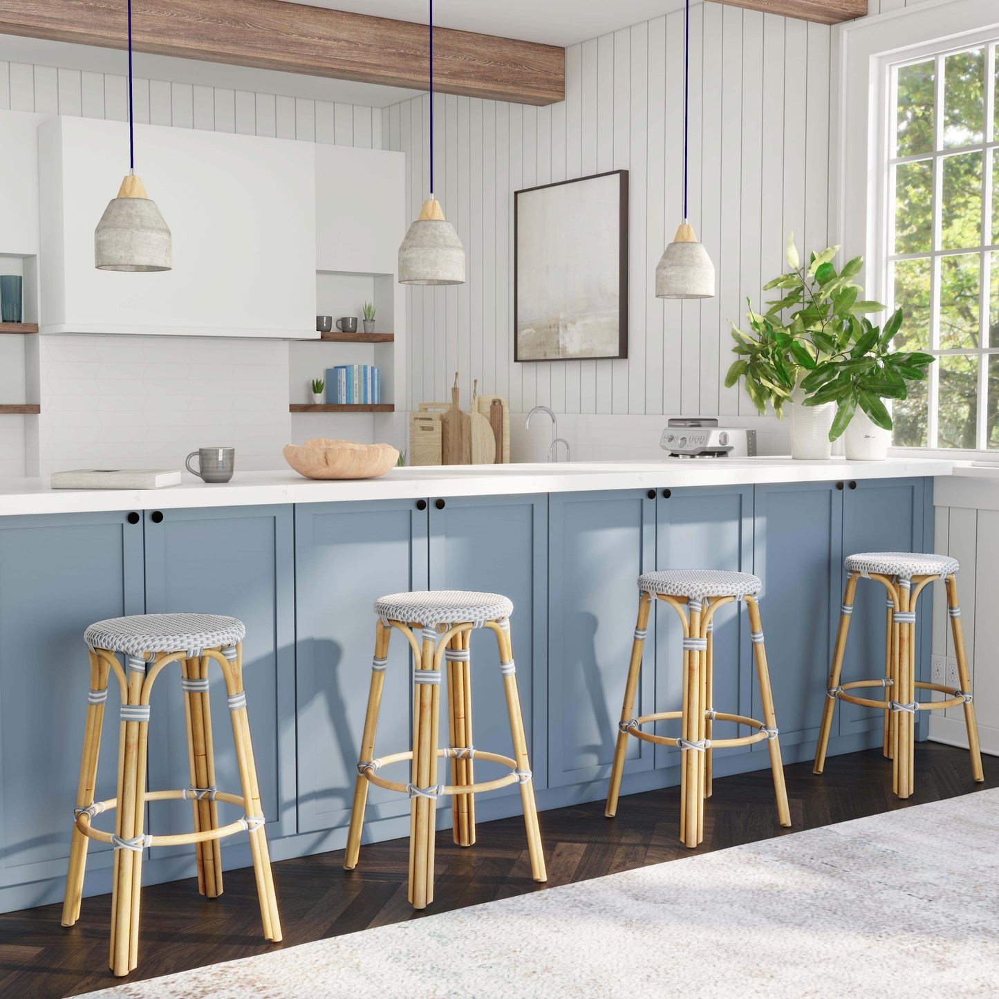 Tobias Round Rattan 30" Bar Stool in White and Sky Blue Dot 9370194
