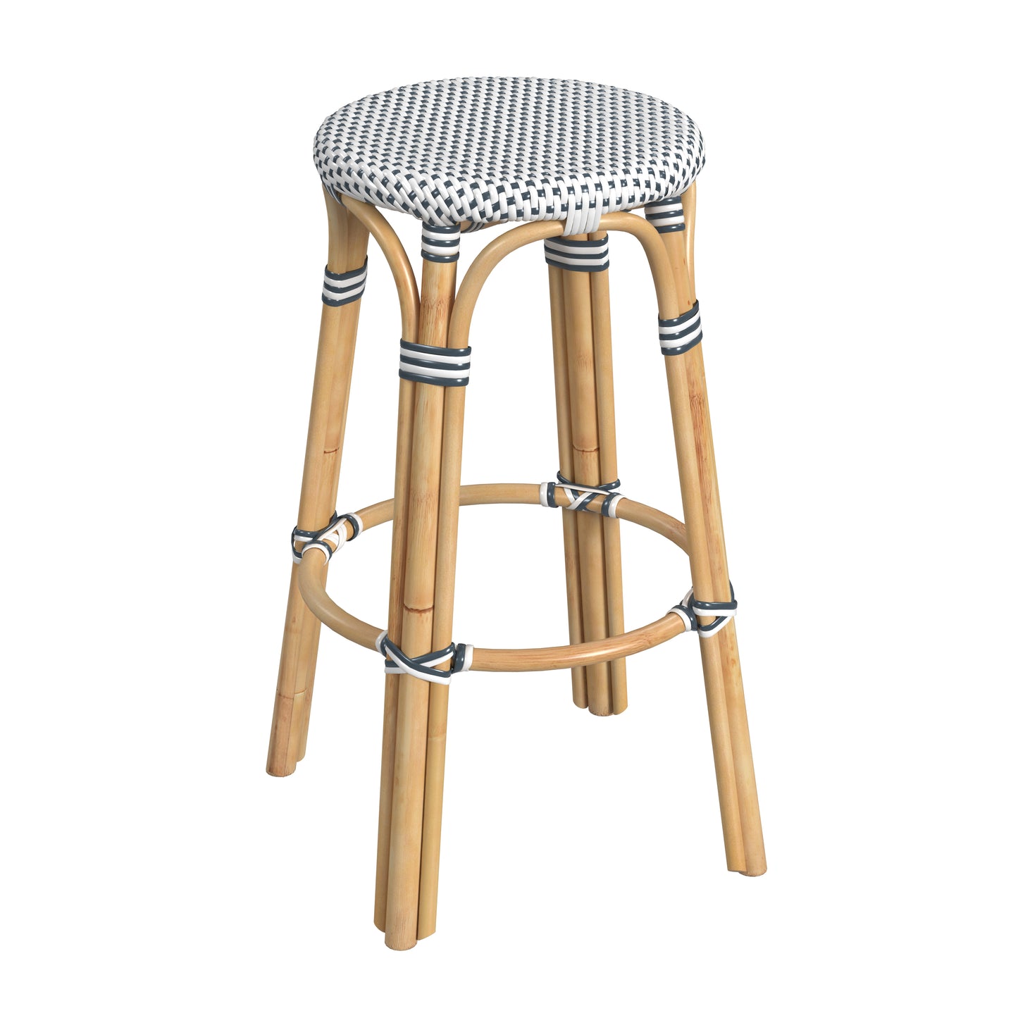 Tobias Round Rattan 30" Bar Stool in White and Navy Dot 9370222