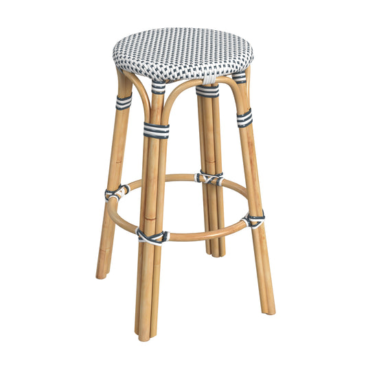 Tobias Round Rattan 30" Bar Stool in White and Navy Dot 9370222