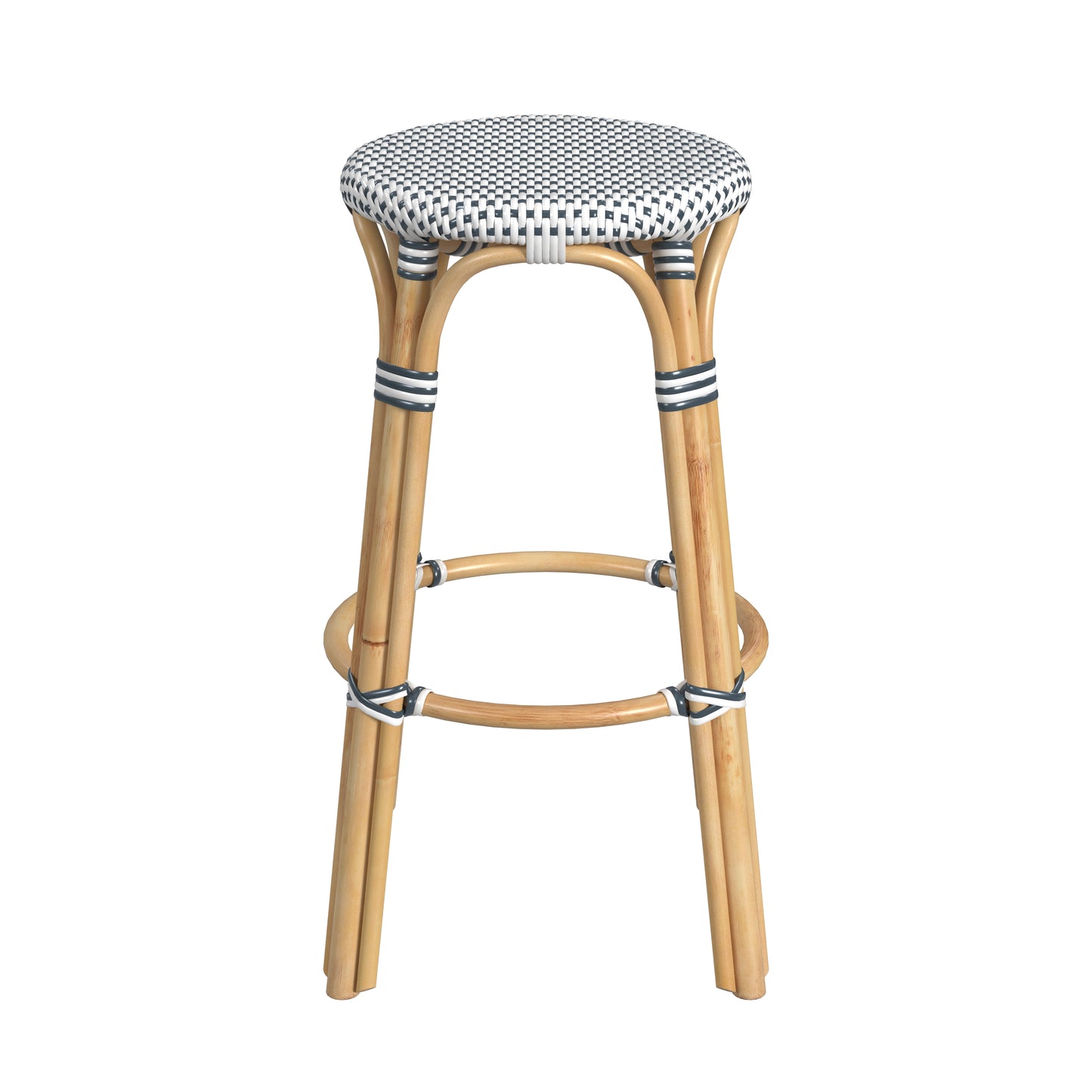 Tobias Round Rattan 30" Bar Stool in White and Navy Dot 9370222