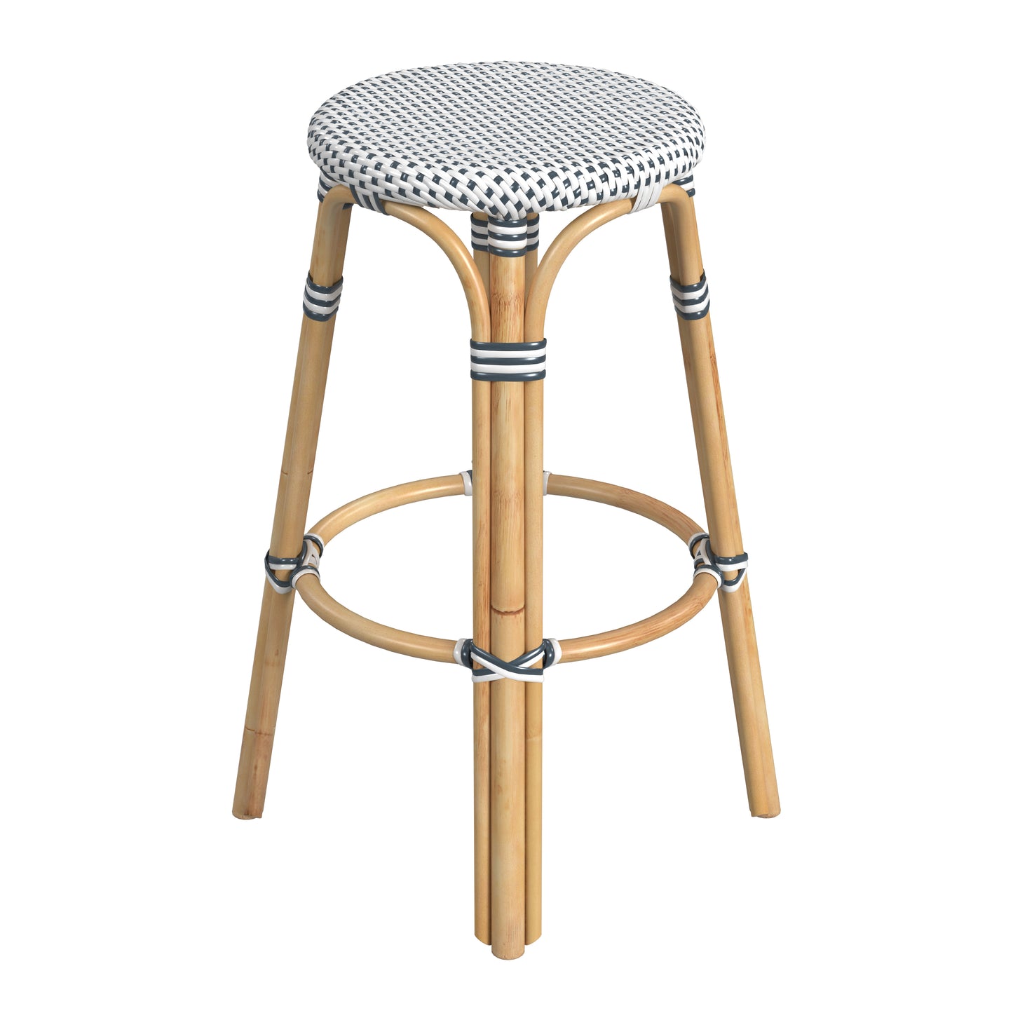 Tobias Round Rattan 30" Bar Stool in White and Navy Dot 9370222
