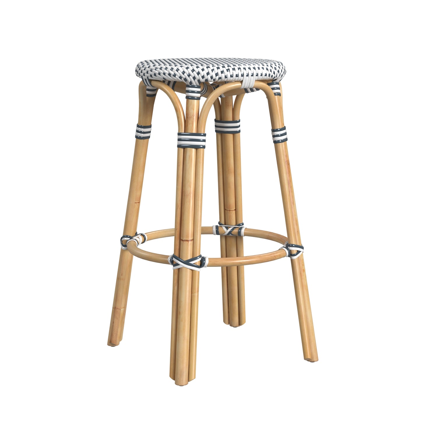Tobias Round Rattan 30" Bar Stool in White and Navy Dot 9370222