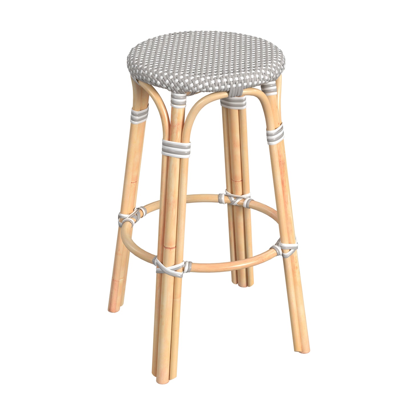 Tobias Round Rattan 30" Bar Stool in Gray and White Dot 9370266