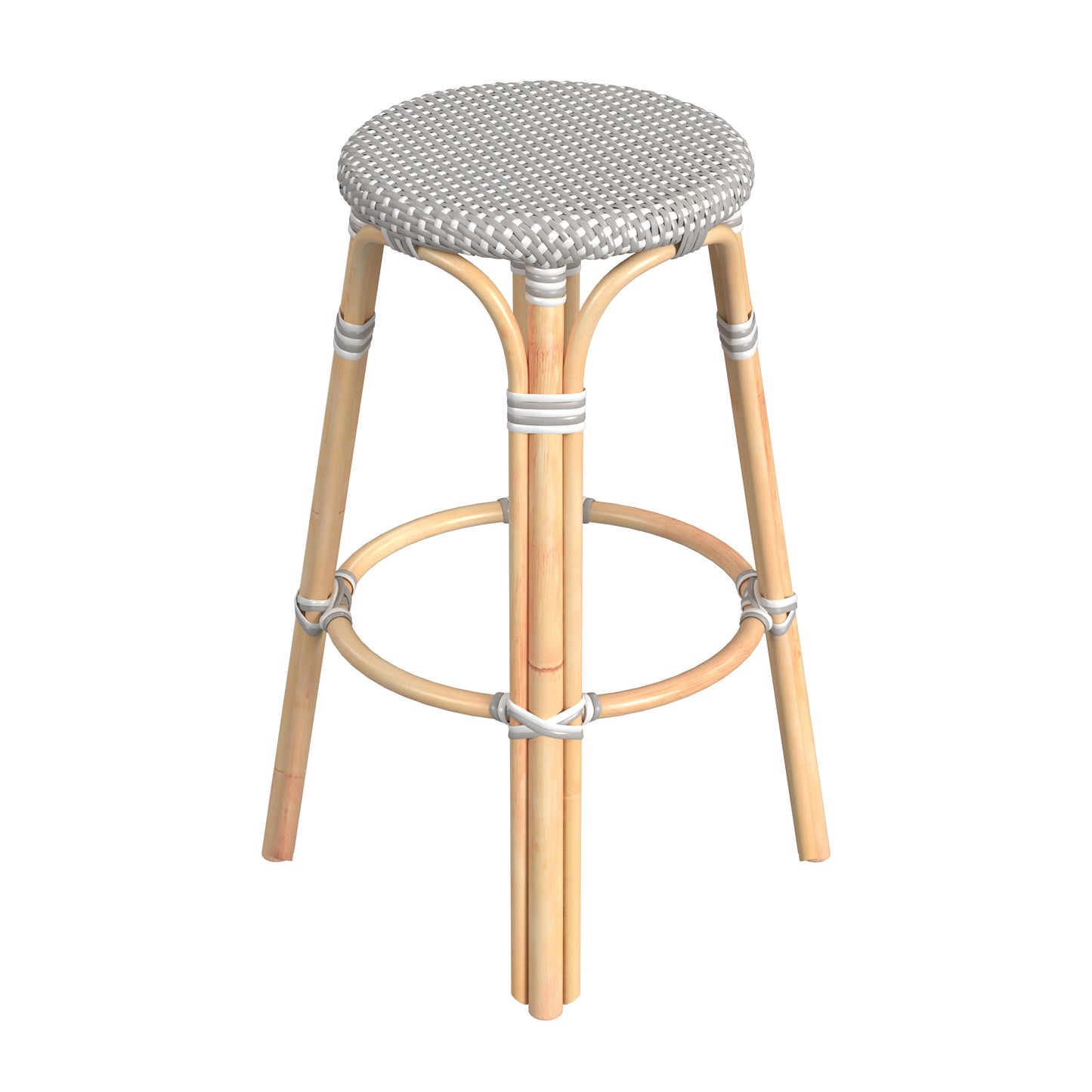 Tobias Round Rattan 30" Bar Stool in Gray and White Dot 9370266