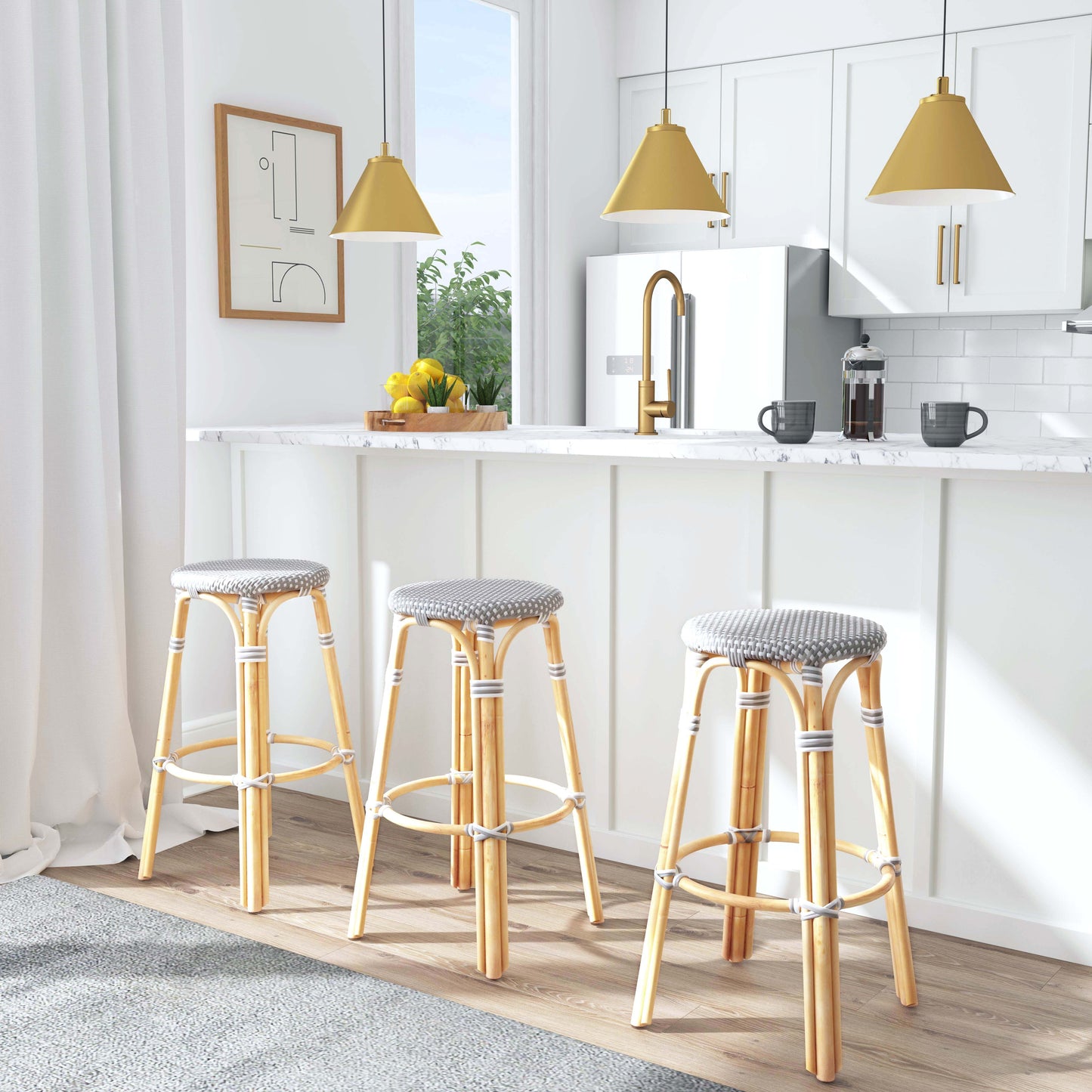 Tobias Round Rattan 30" Bar Stool in Gray and White Dot 9370266