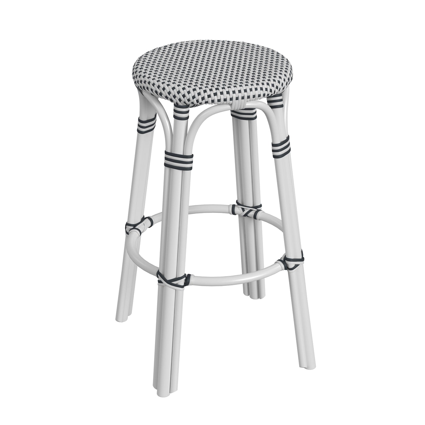 Butler Specialty Company Tobias 30 in. Seat Height Round Rattan Backless Bar Stool, White and Black Dot