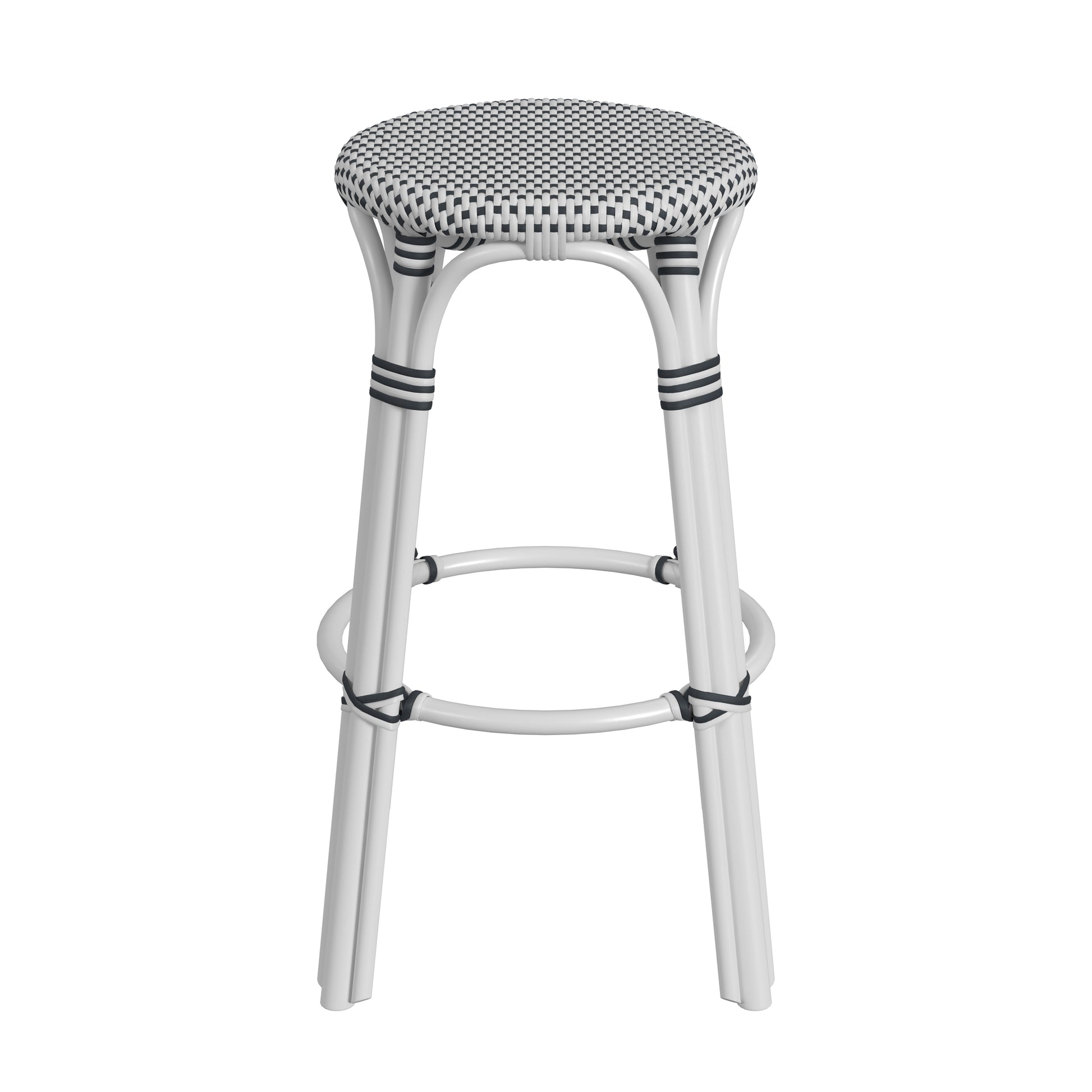 Butler Specialty Company Tobias 30 in. Seat Height Round Rattan Backless Bar Stool, White and Black Dot