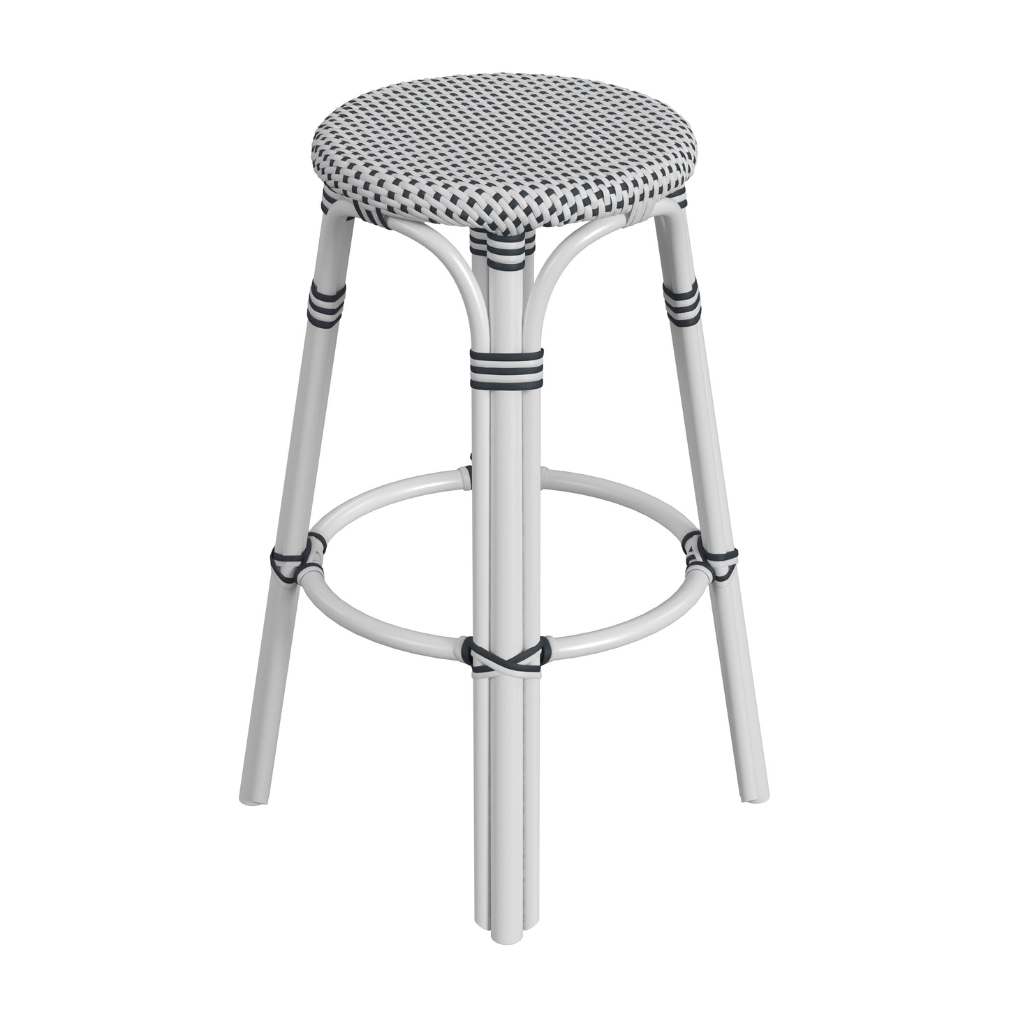 Butler Specialty Company Tobias 30 in. Seat Height Round Rattan Backless Bar Stool, White and Black Dot