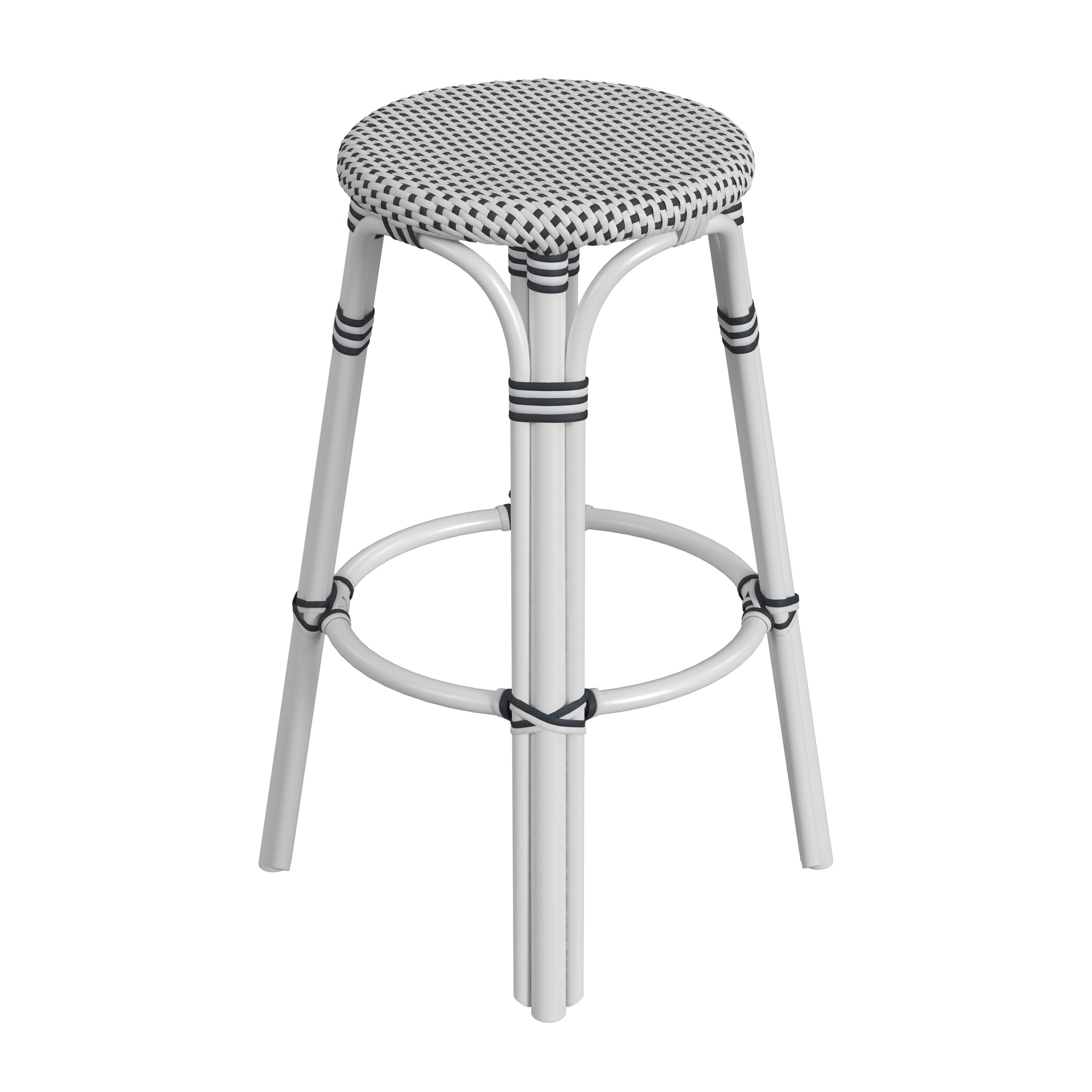 Butler Specialty Company Tobias 30 in. Seat Height Round Rattan Backless Bar Stool, White and Black Dot