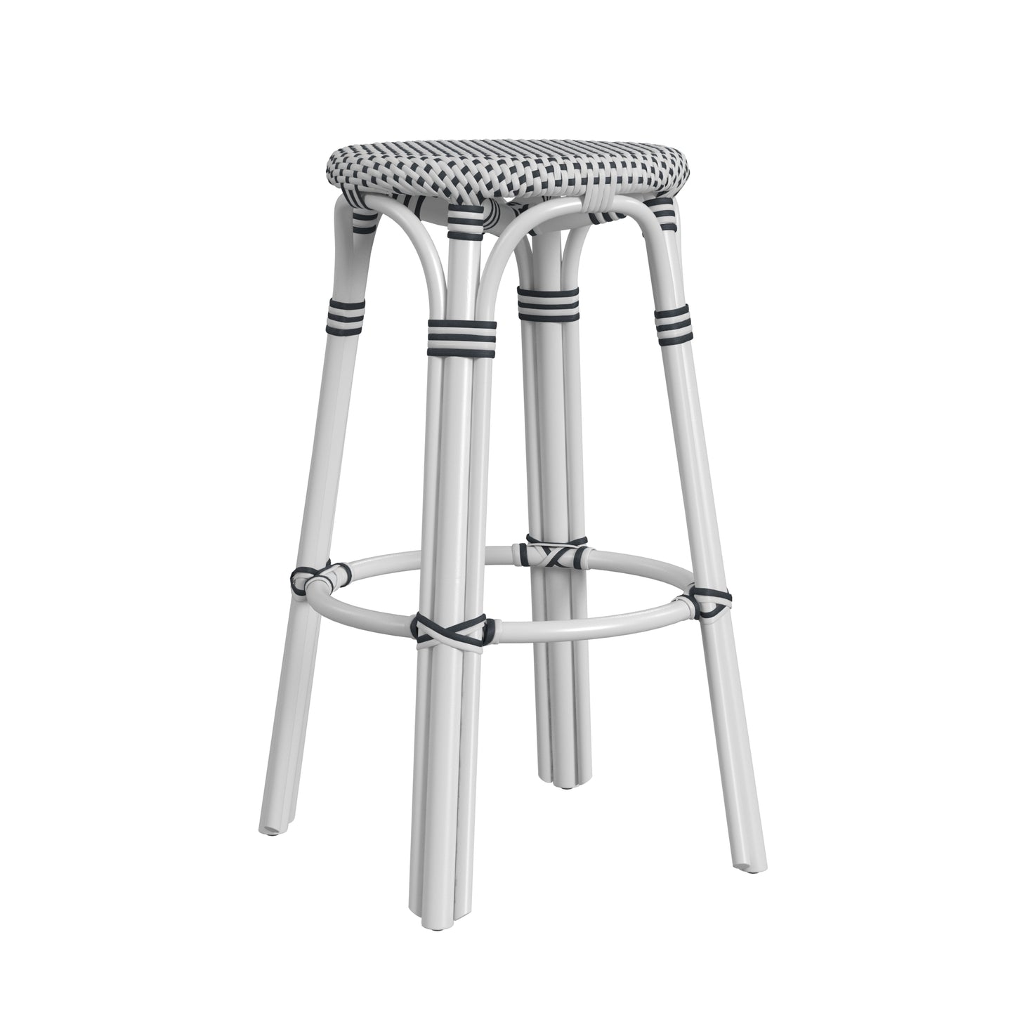 Butler Specialty Company Tobias 30 in. Seat Height Round Rattan Backless Bar Stool, White and Black Dot