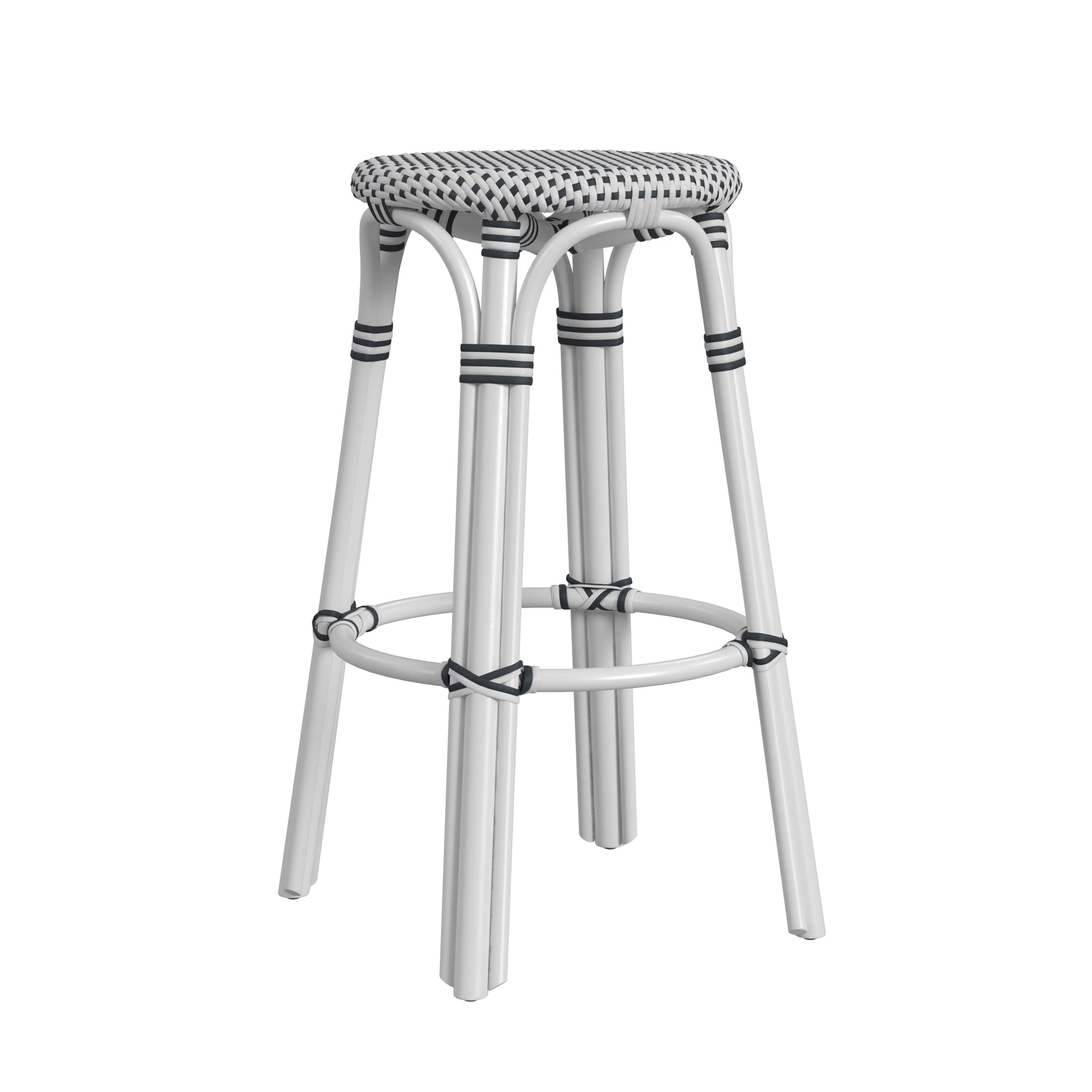 Butler Specialty Company Tobias 30 in. Seat Height Round Rattan Backless Bar Stool, White and Black Dot