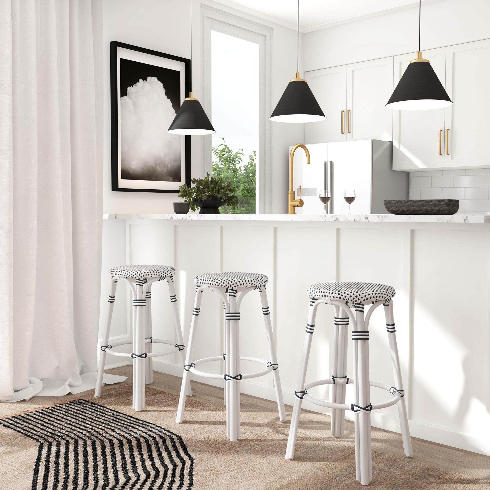 Butler Specialty Company Tobias 30 in. Seat Height Round Rattan Backless Bar Stool, White and Black Dot