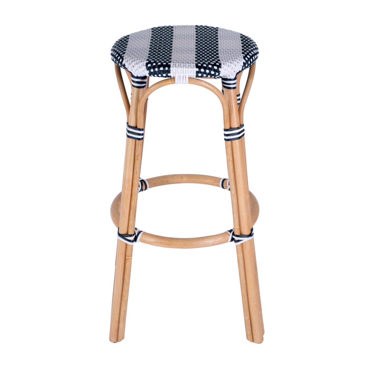 Tobias Round Rattan 30" Bar Stool in White and Navy Stripe 9370291