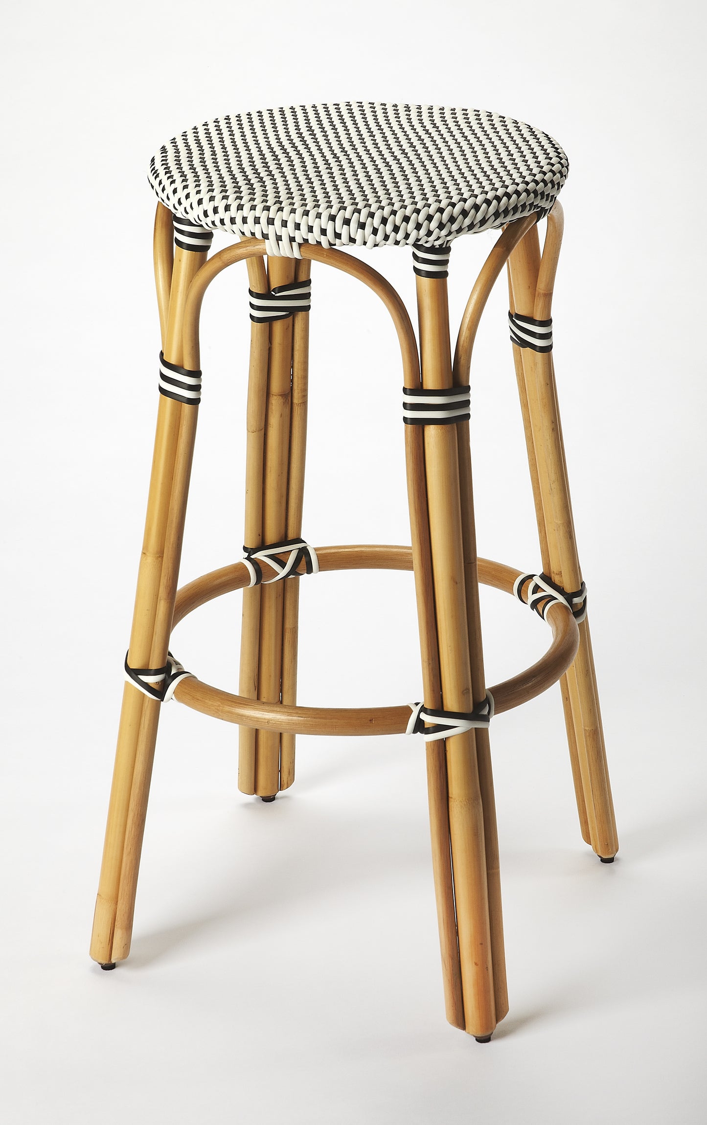 Tobias Round Rattan 30" Bar Stool in White and Black Dot 9370295
