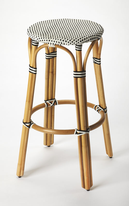 Tobias Round Rattan 30" Bar Stool in White and Black Dot 9370295