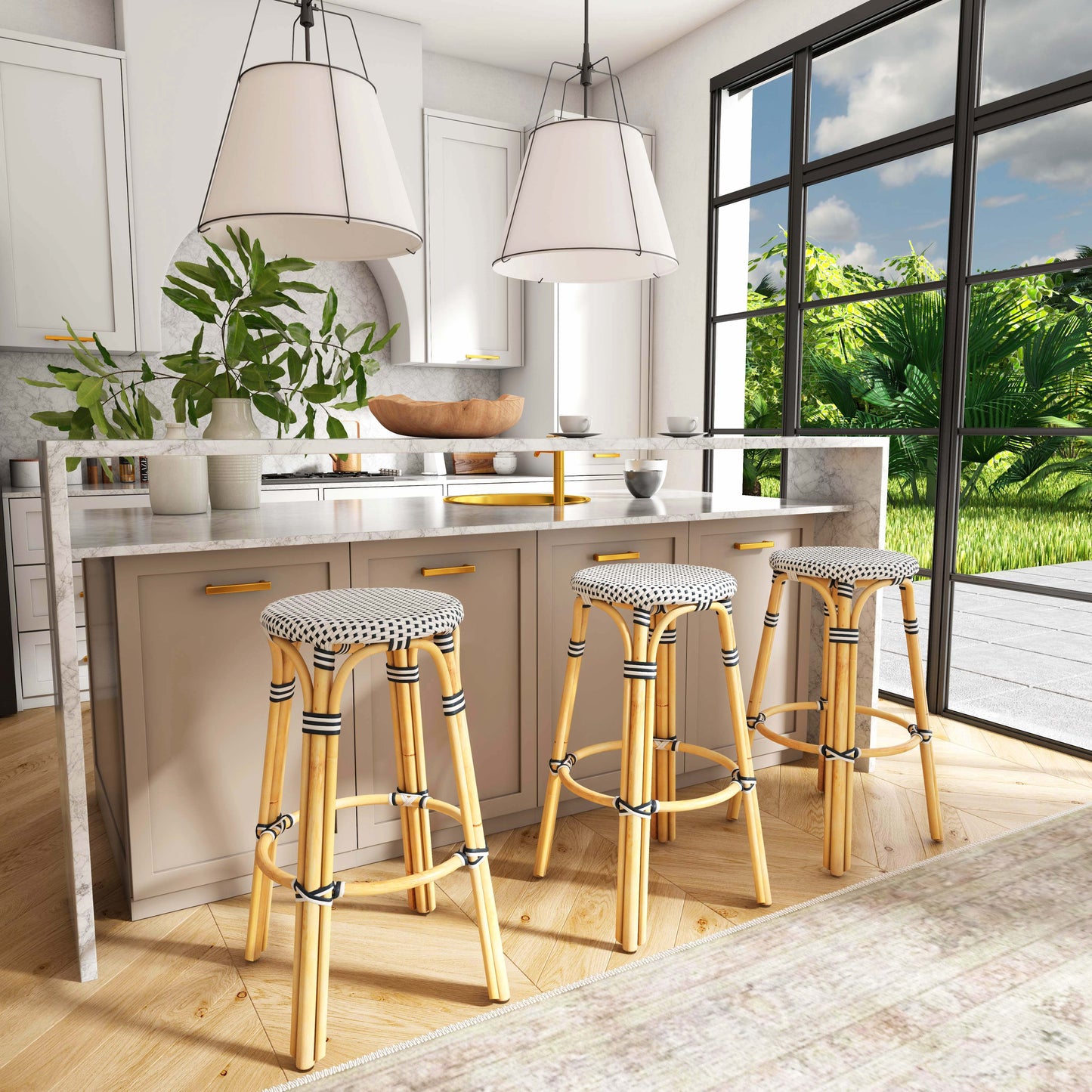 Tobias Round Rattan 30" Bar Stool in White and Black Dot 9370295