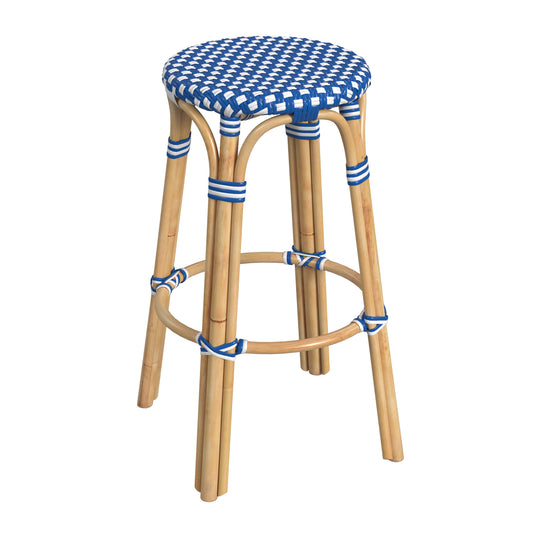 Tobias Round Rattan 30" Bar Stool in Blue and White Dot 9370303