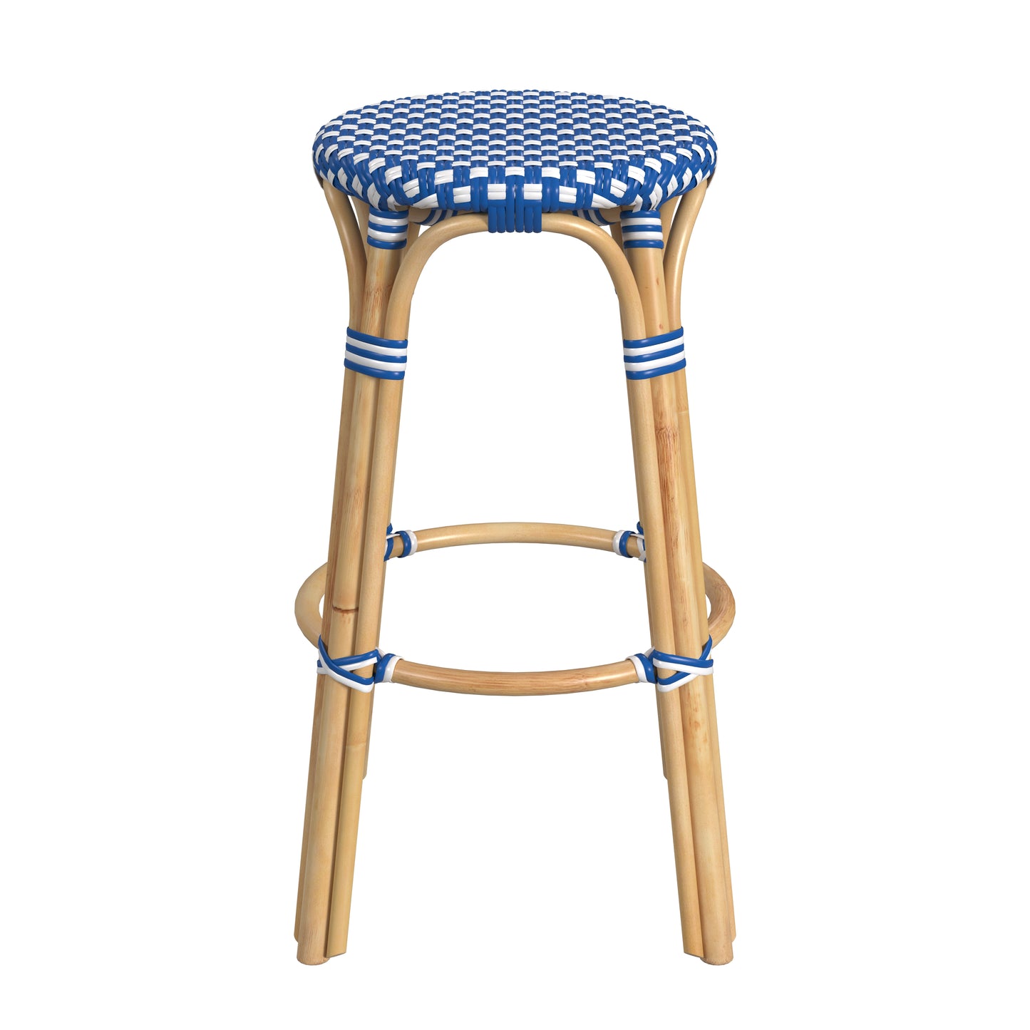 Tobias Round Rattan 30" Bar Stool in Blue and White Dot 9370303