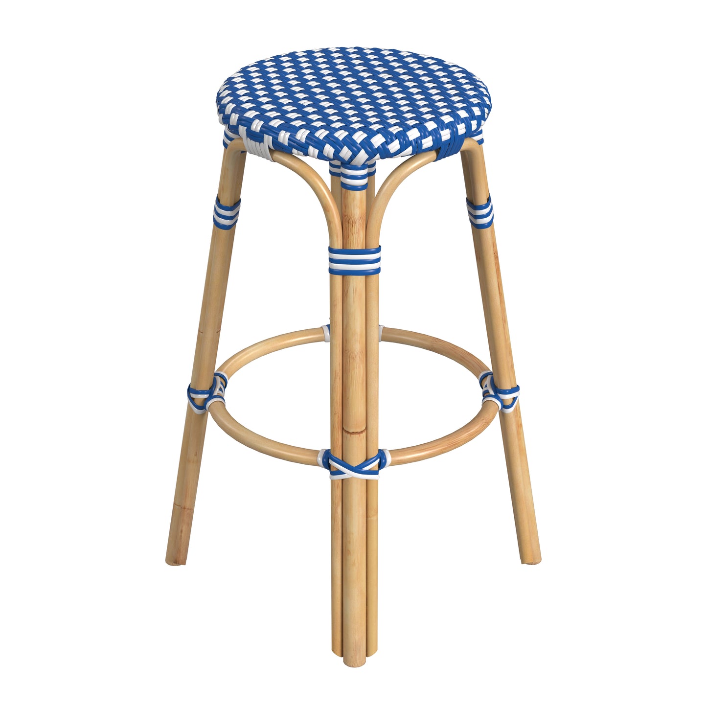 Tobias Round Rattan 30" Bar Stool in Blue and White Dot 9370303