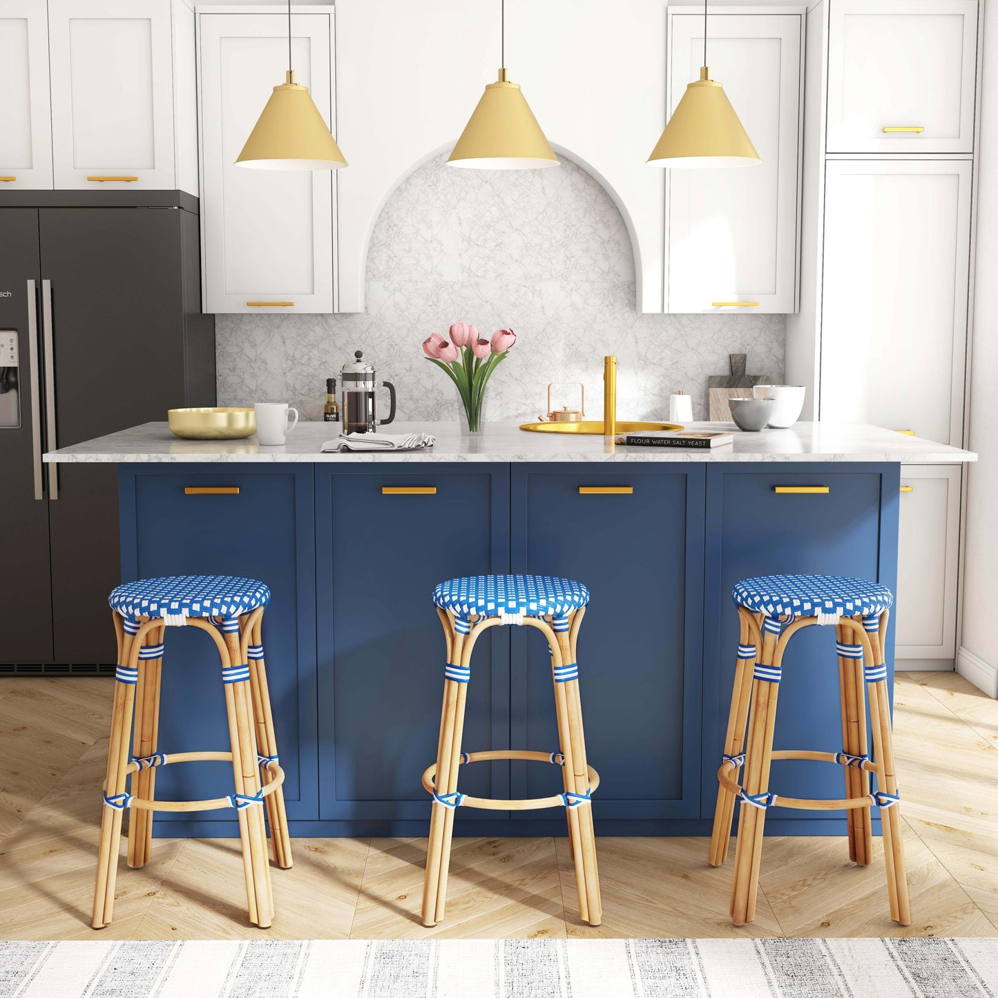 Tobias Round Rattan 30" Bar Stool in Blue and White Dot 9370303