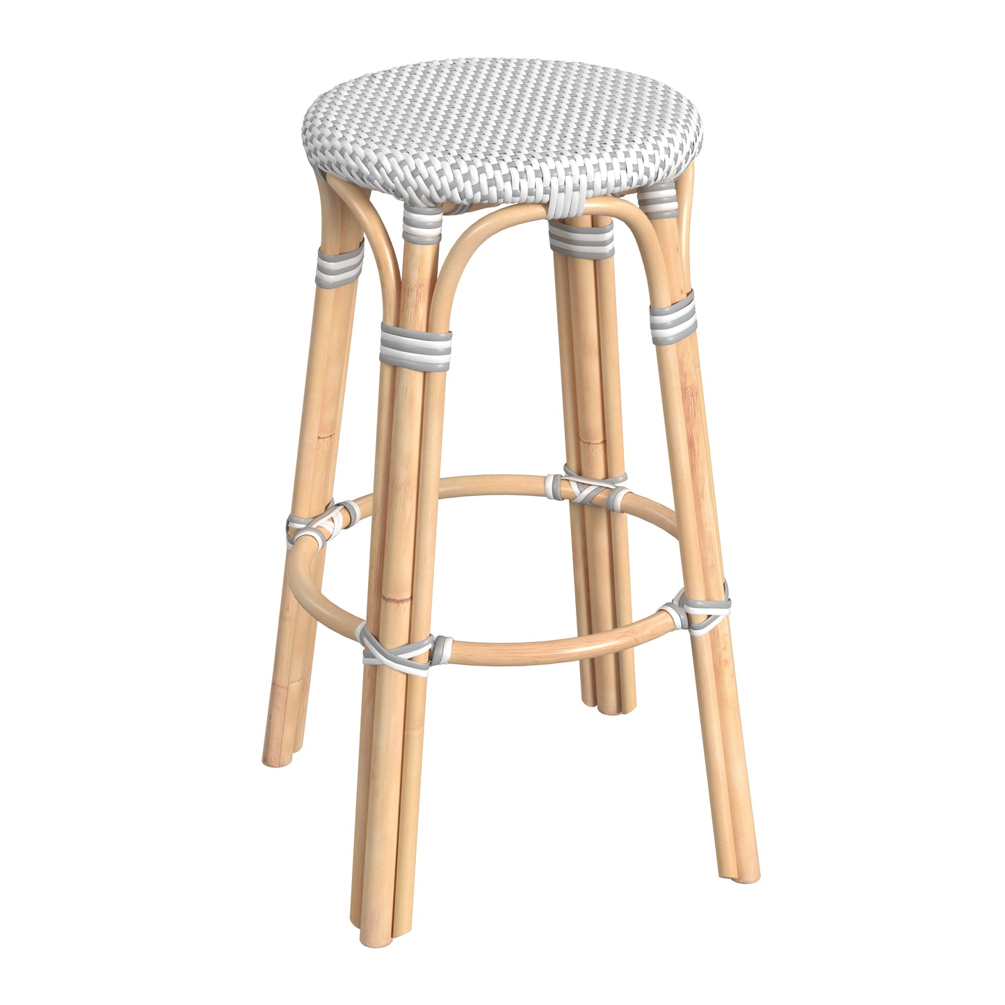 Tobias Round Rattan 30" Bar Stool in White and Gray Dot 9370329