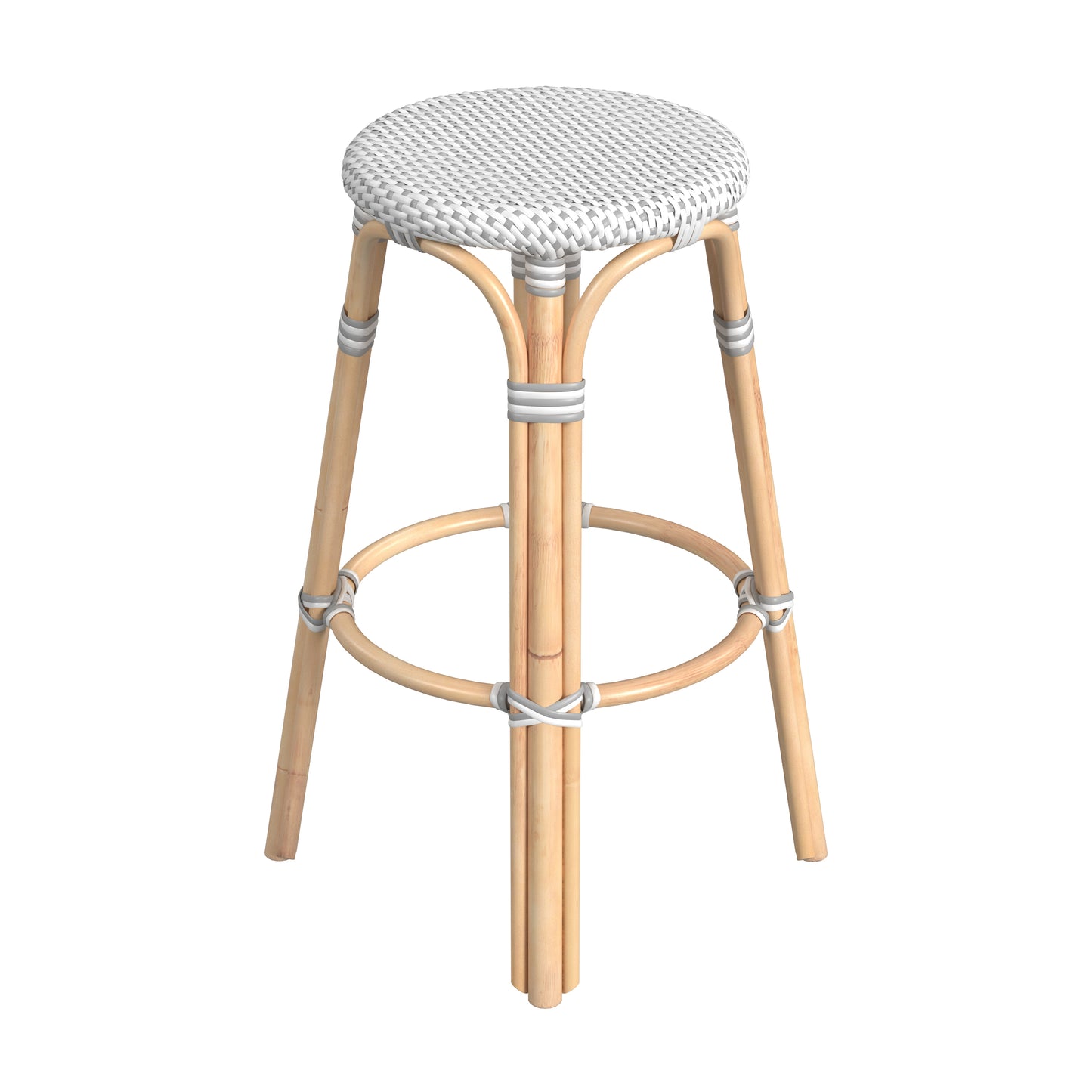 Tobias Round Rattan 30" Bar Stool in White and Gray Dot 9370329