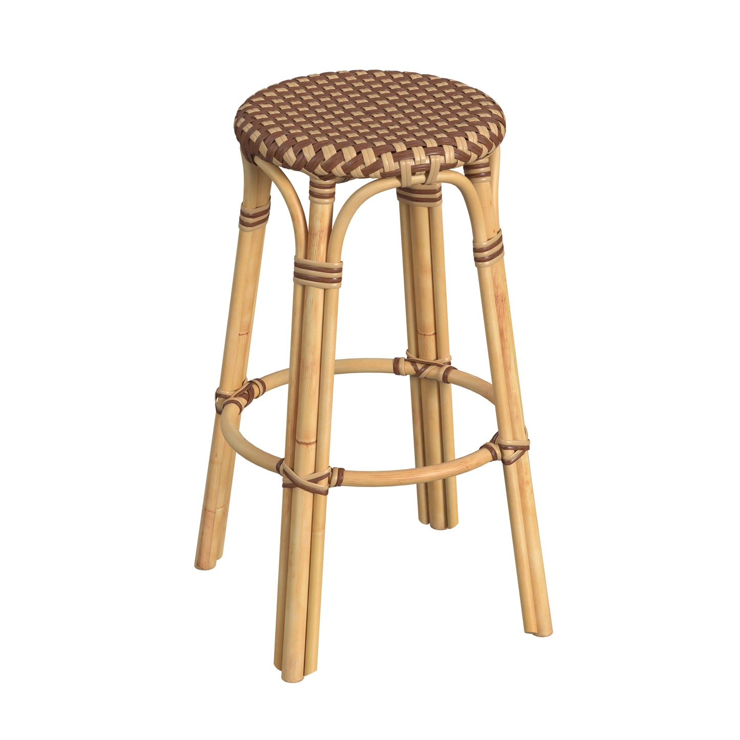 Tobias Round Rattan 30" Bar Stool in Brown and Tan Dot 9370354