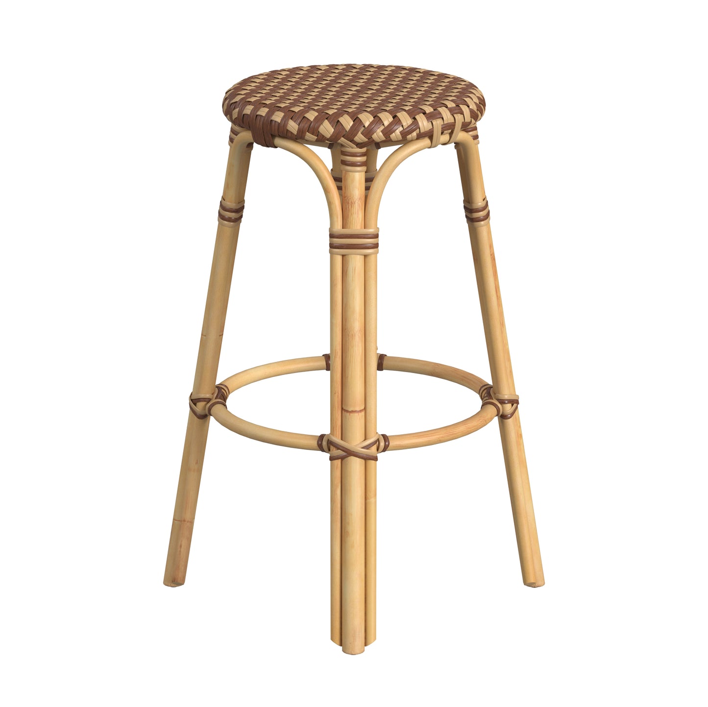 Tobias Round Rattan 30" Bar Stool in Brown and Tan Dot 9370354